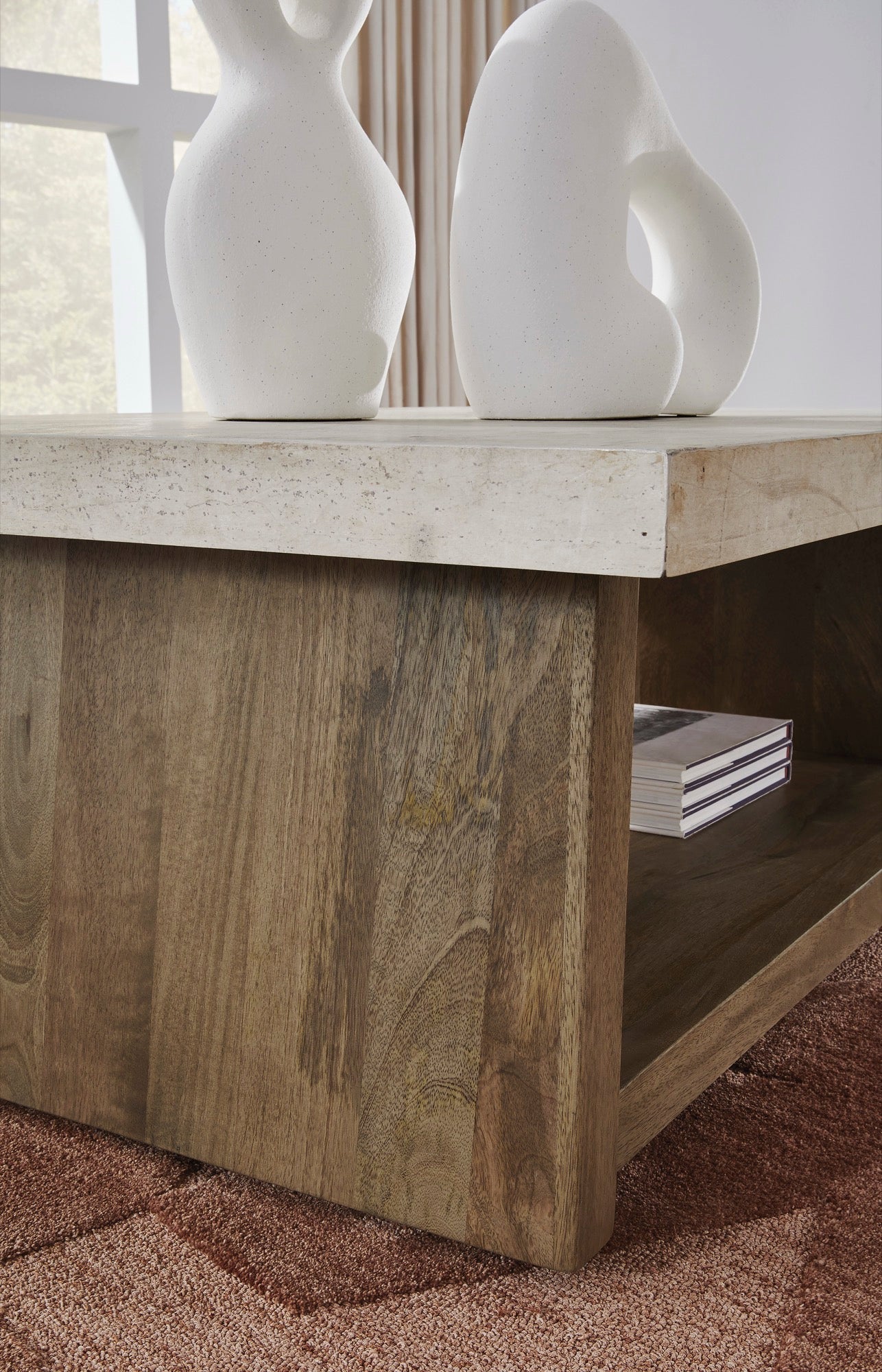 Light Brown Rectangular Coffee Table with Casters