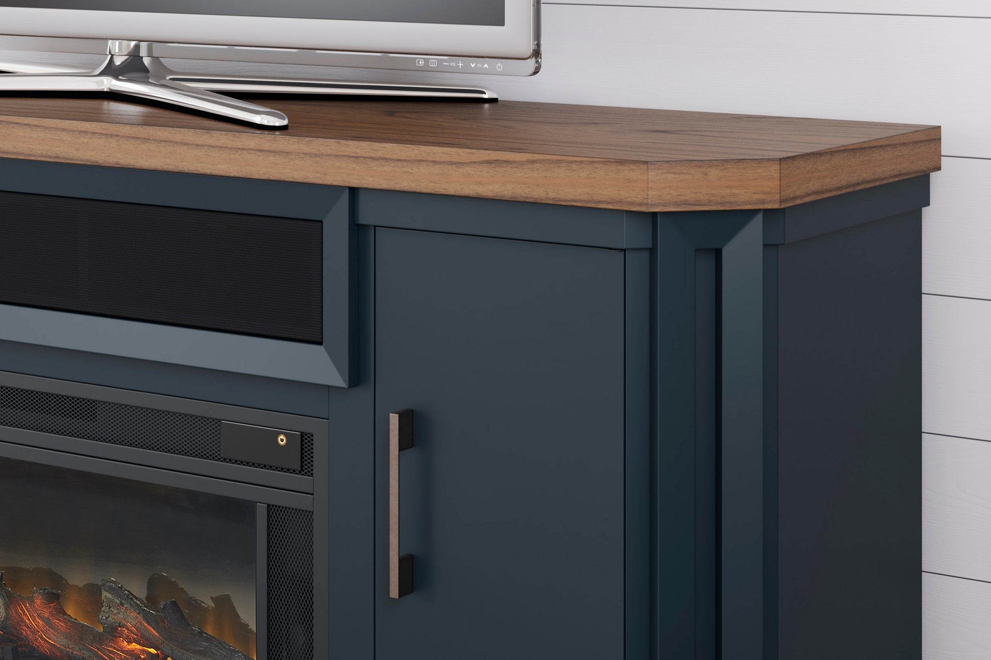 XL Slate Blue TV Stand with Fireplace & Speakers - Adams Furniture