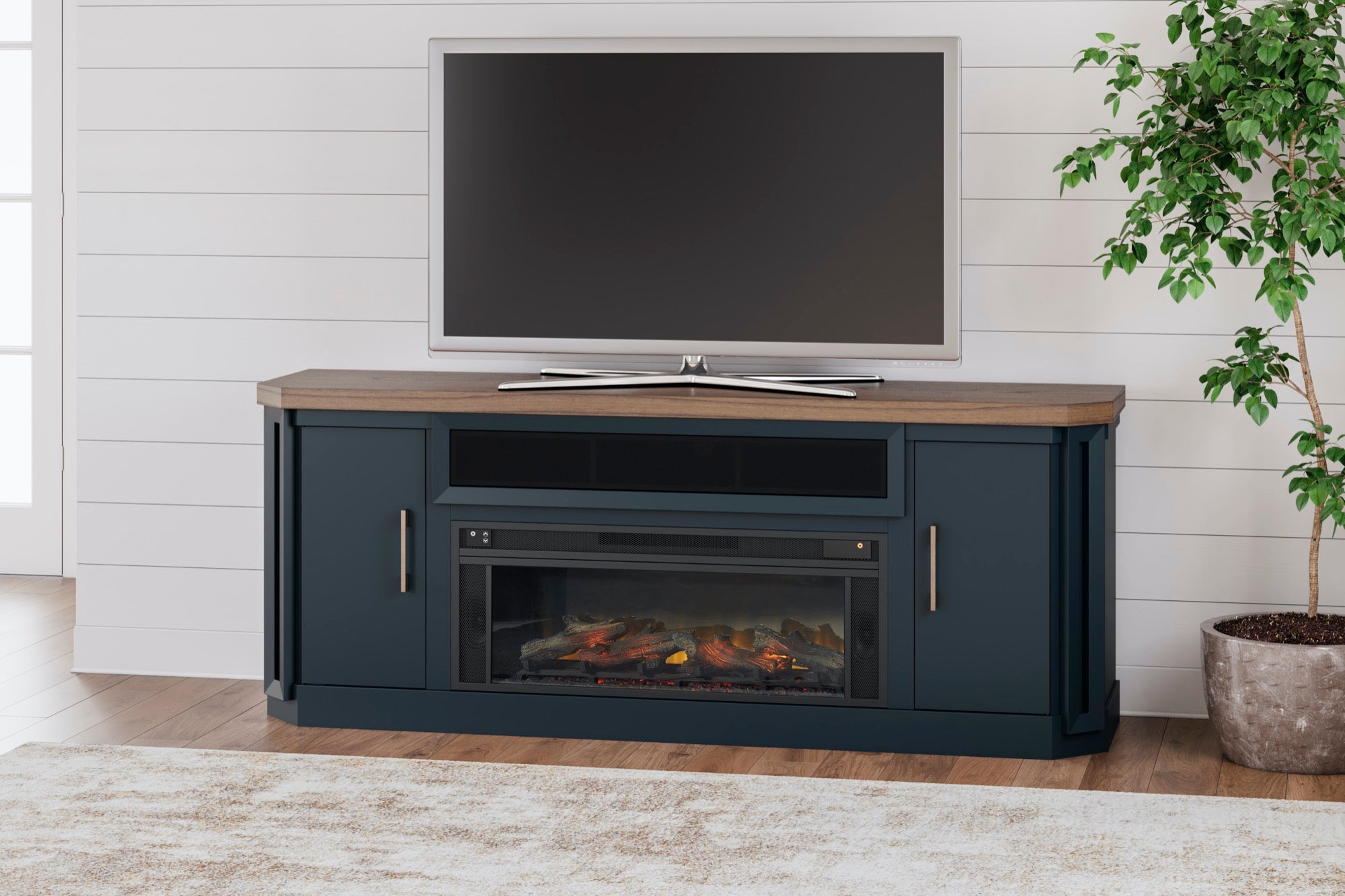 XL Slate Blue TV Stand with Fireplace & Speakers - Adams Furniture