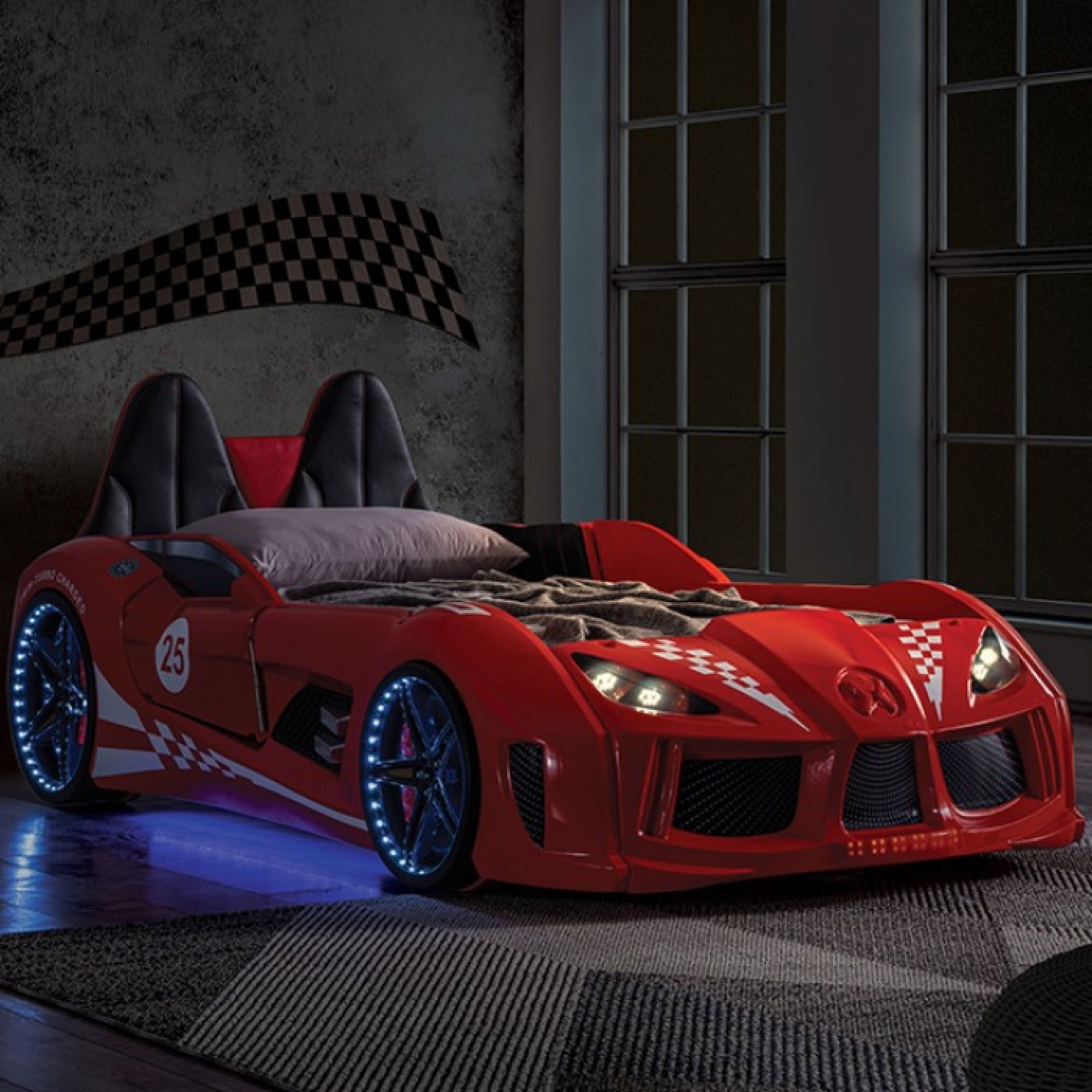 Trackster Kid's Red Race Car Bed with LED Lights - Adams Furniture