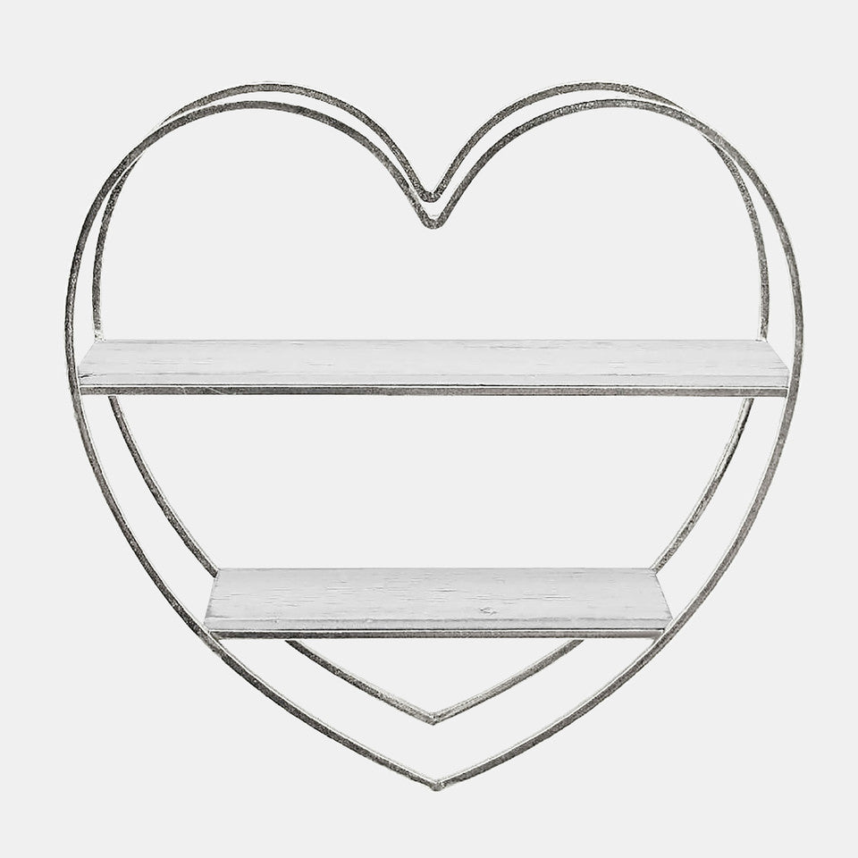 Metal/Wood 2 Tier Heart Wall Shelf, White/Silver