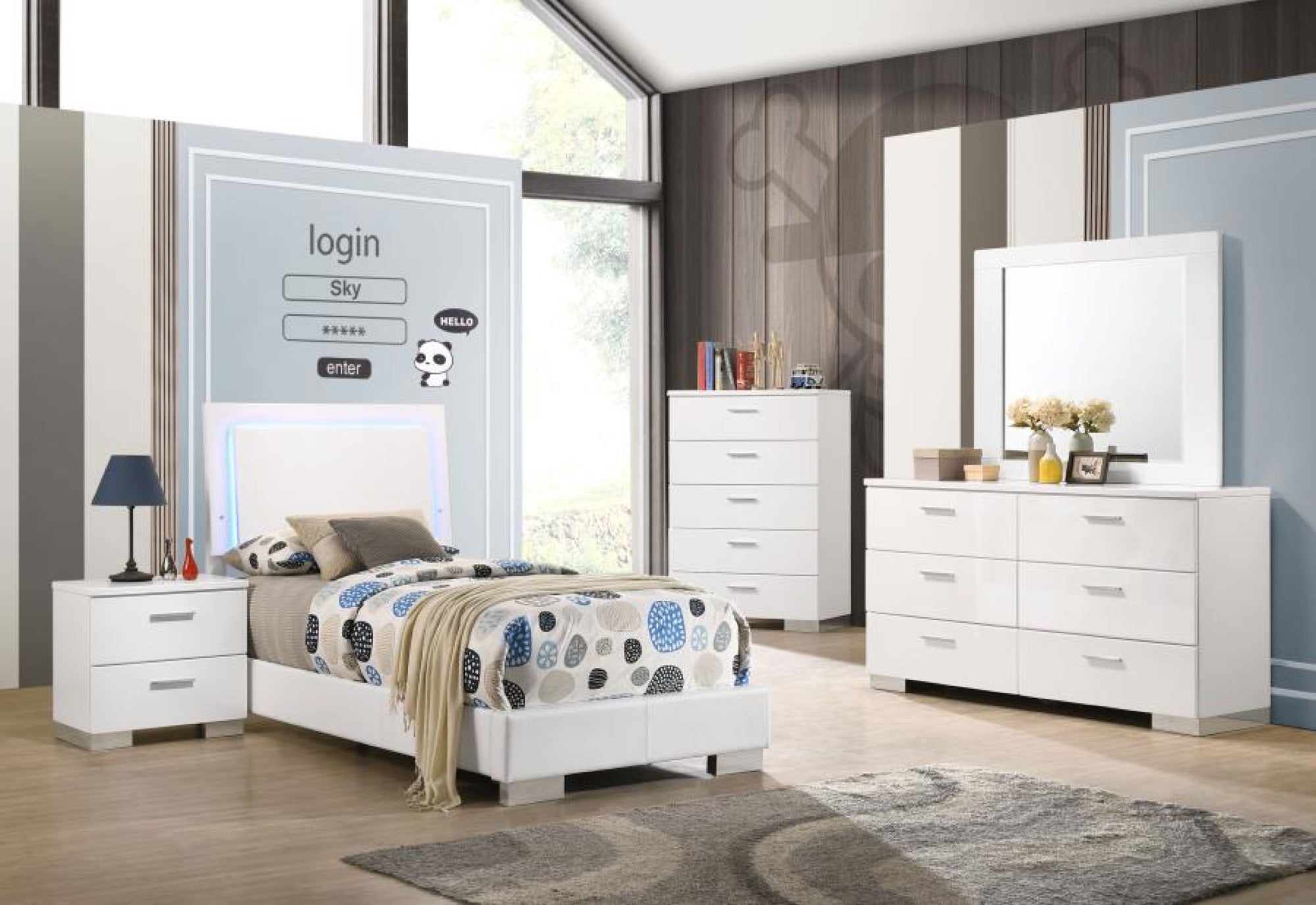 Felicity Twin 5 Piece Bedroom Set w/ LED Light - Adams Furniture