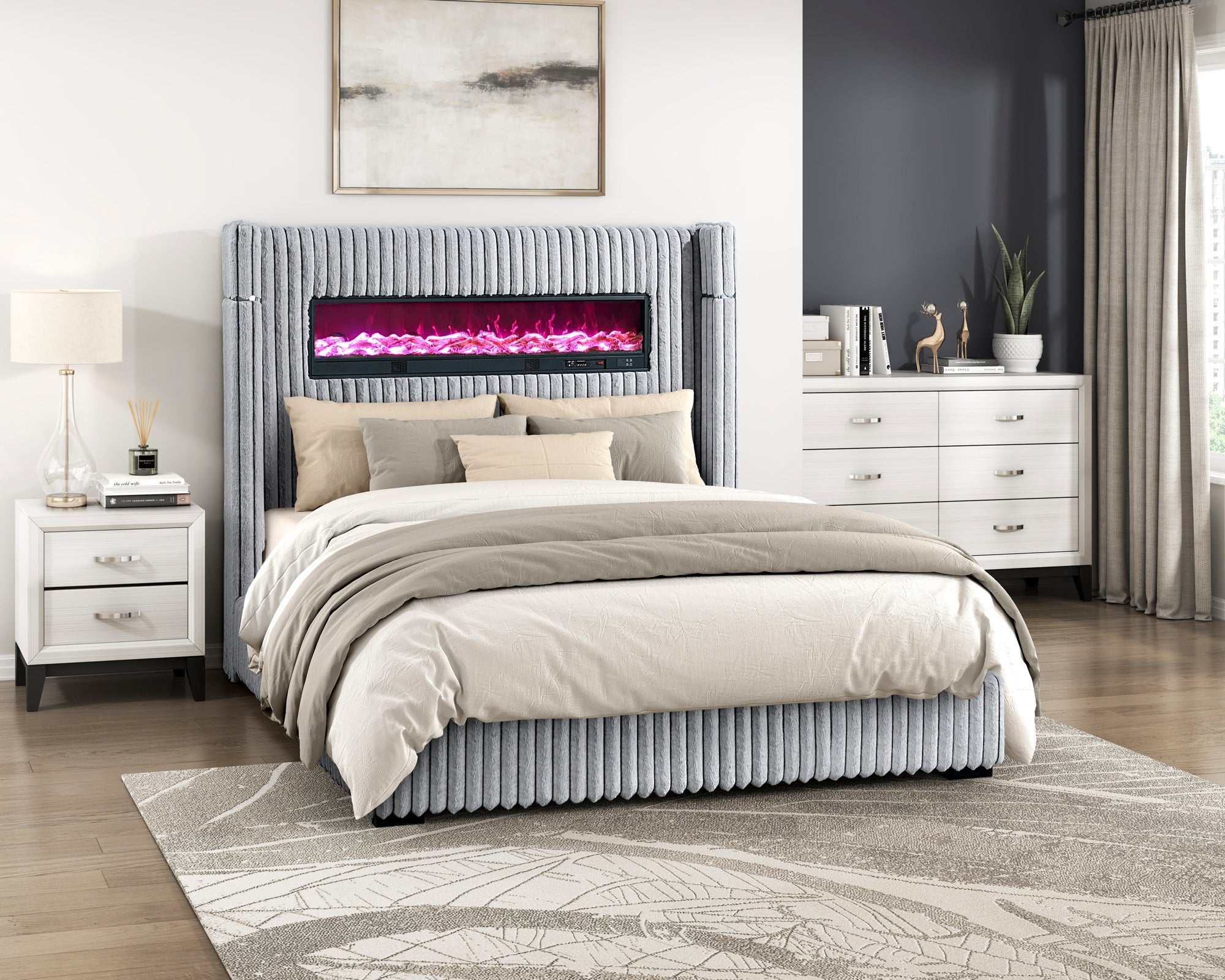 King Grey Upholstered Bed with Fireplace & Speaker - Adams Furniture