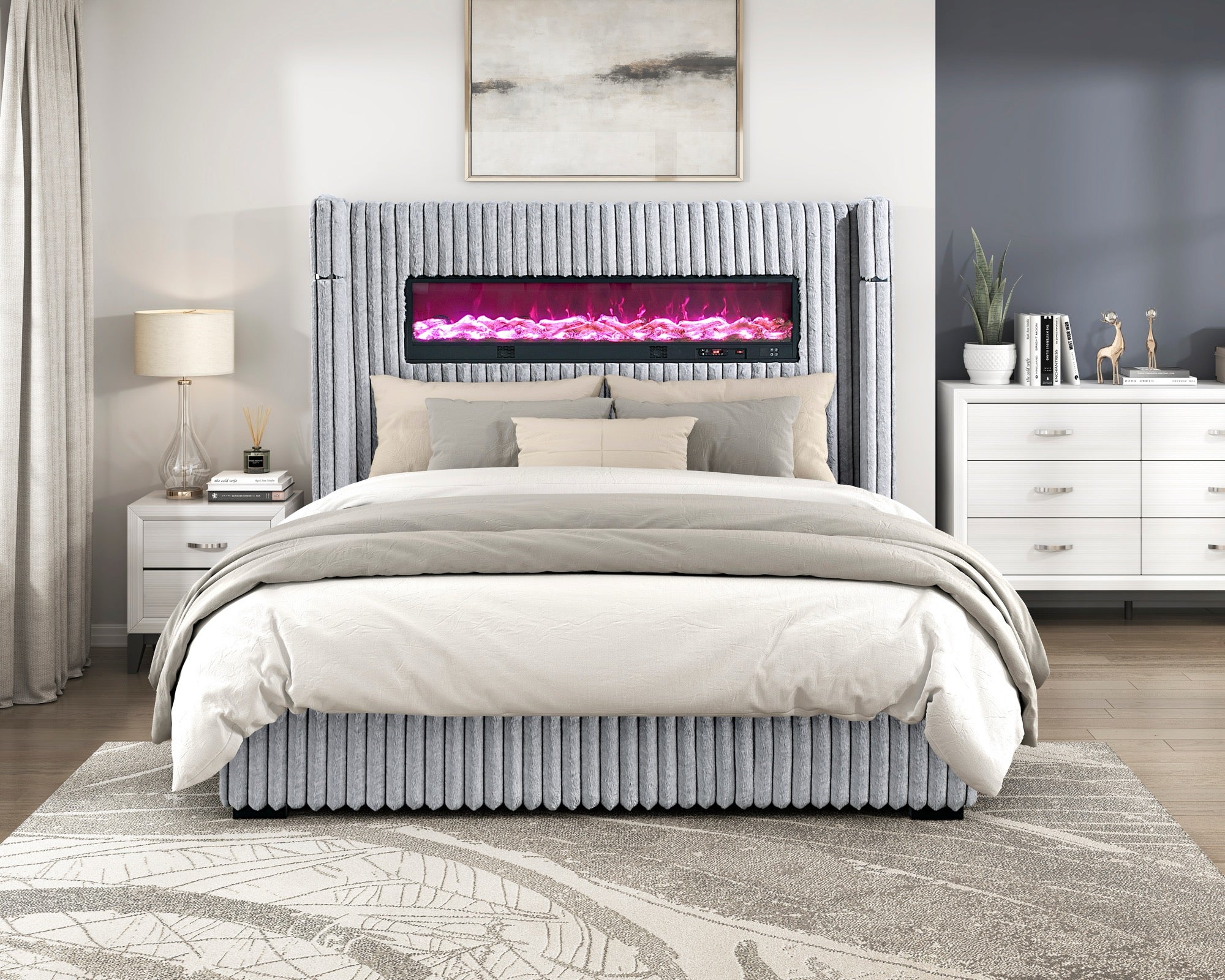 King Grey Upholstered Bed with Fireplace & Speaker - Adams Furniture