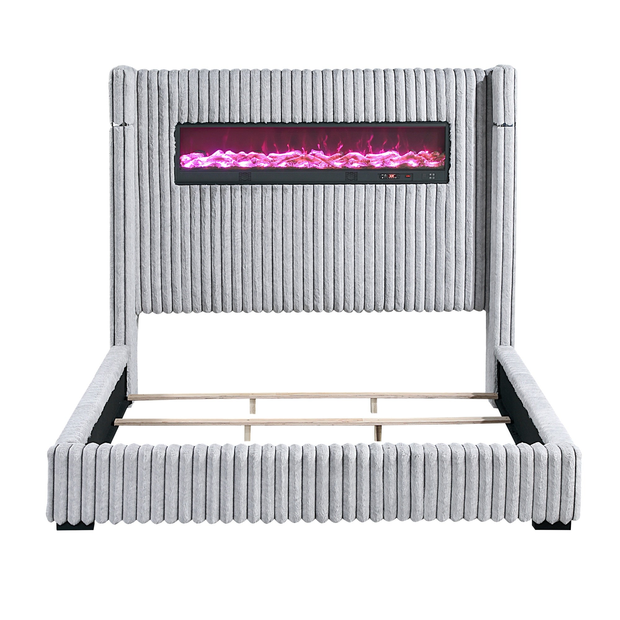 Queen Grey Upholstered Bed with Fireplace & Speaker