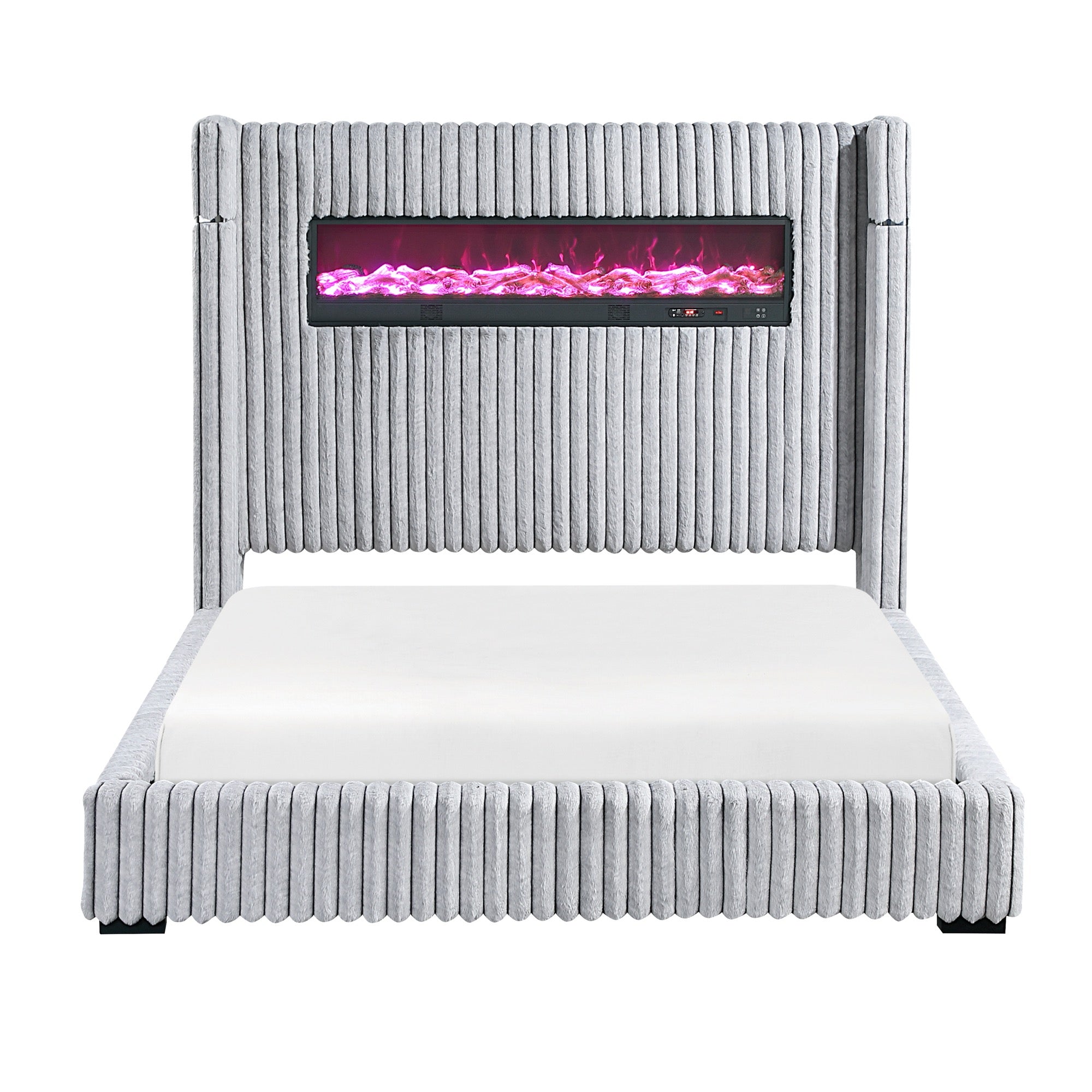 Queen Grey Upholstered Bed with Fireplace & Speaker
