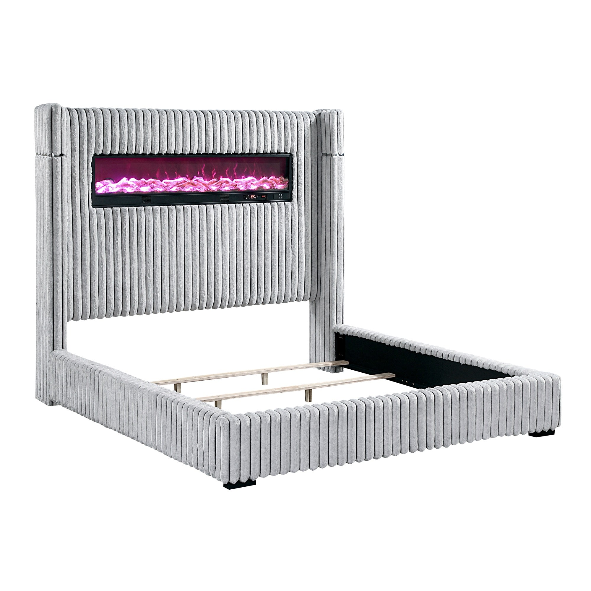 King Grey Upholstered Bed with Fireplace & Speaker - Adams Furniture