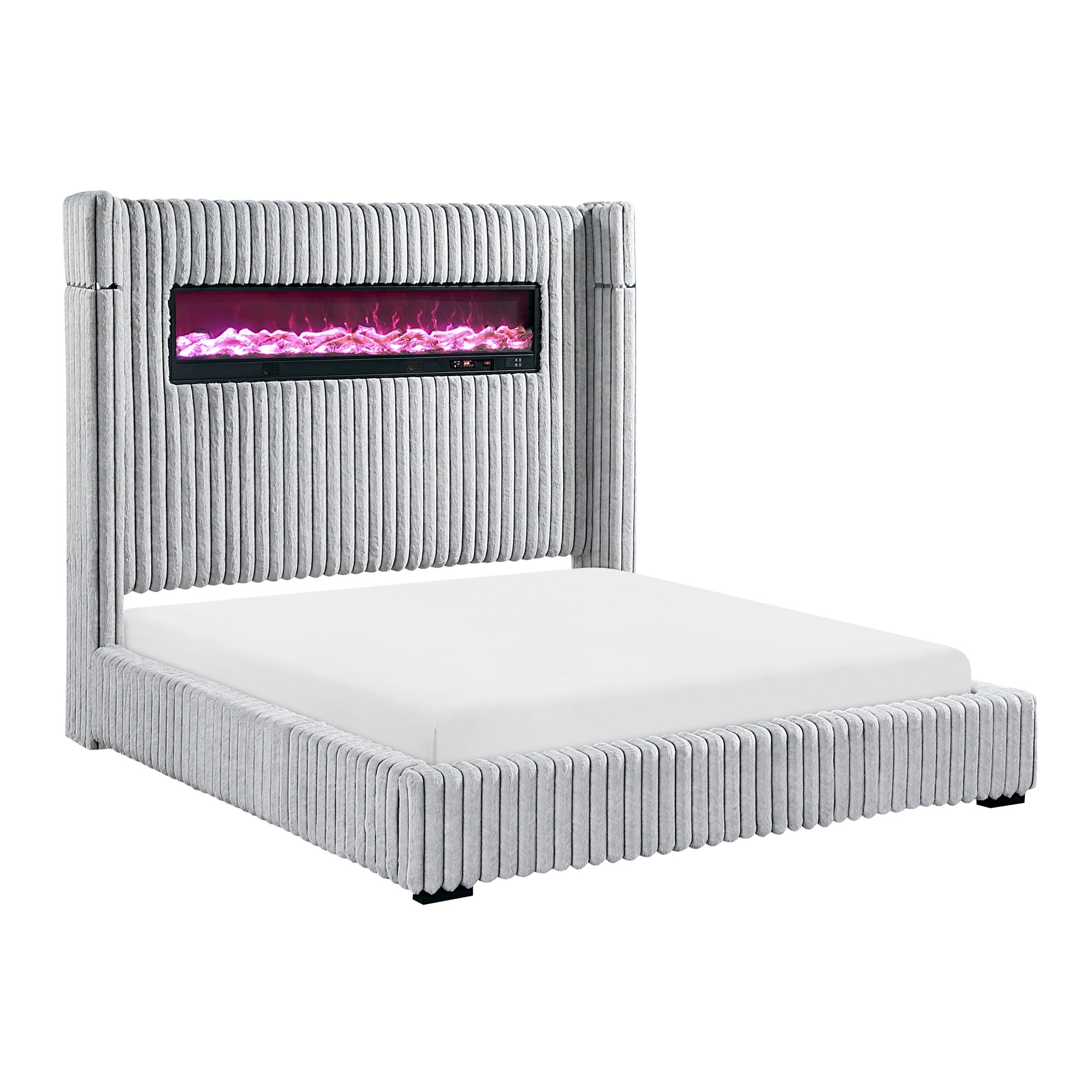 King Grey Upholstered Bed with Fireplace & Speaker (Copy)