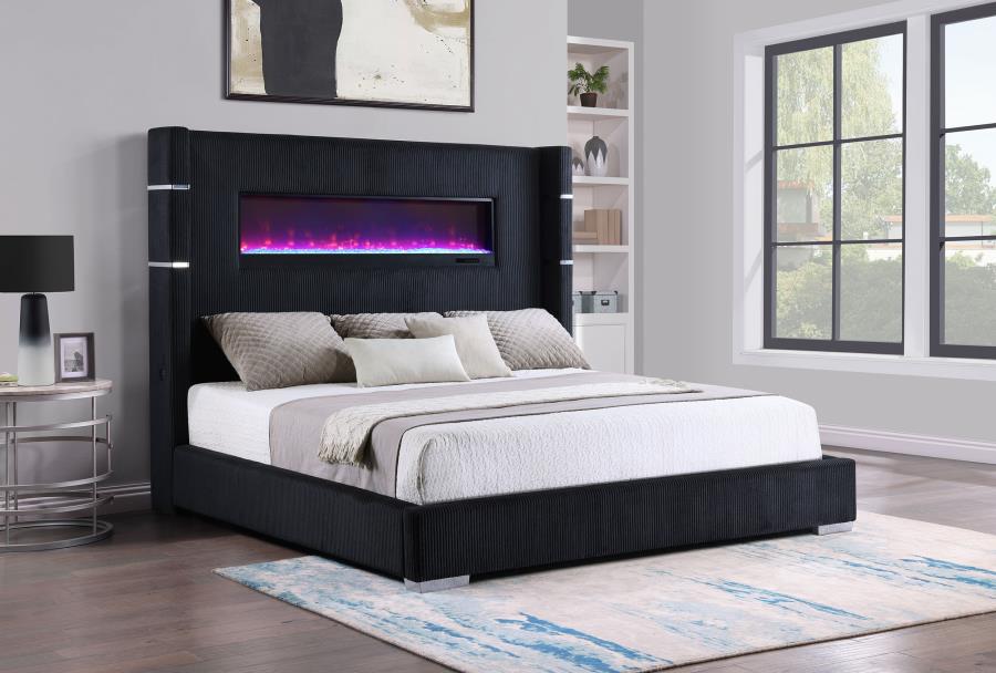 Upholstered King Fireplace Bed Black - Adams Furniture