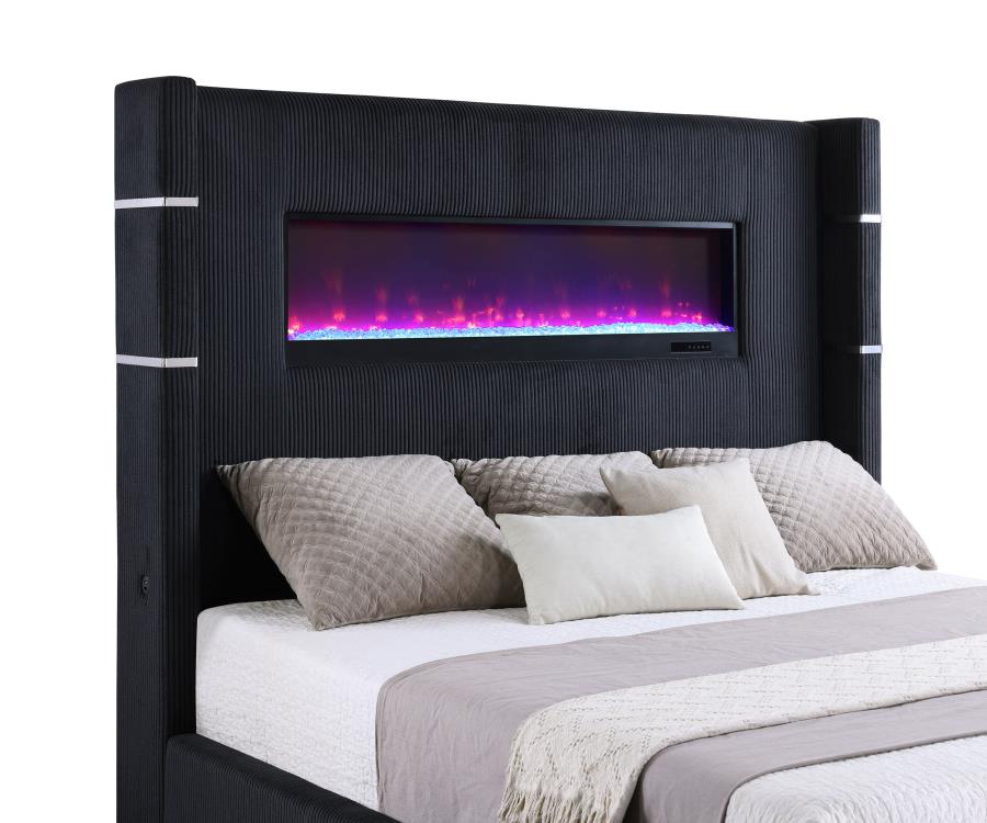 Upholstered King Fireplace Bed Black - Adams Furniture