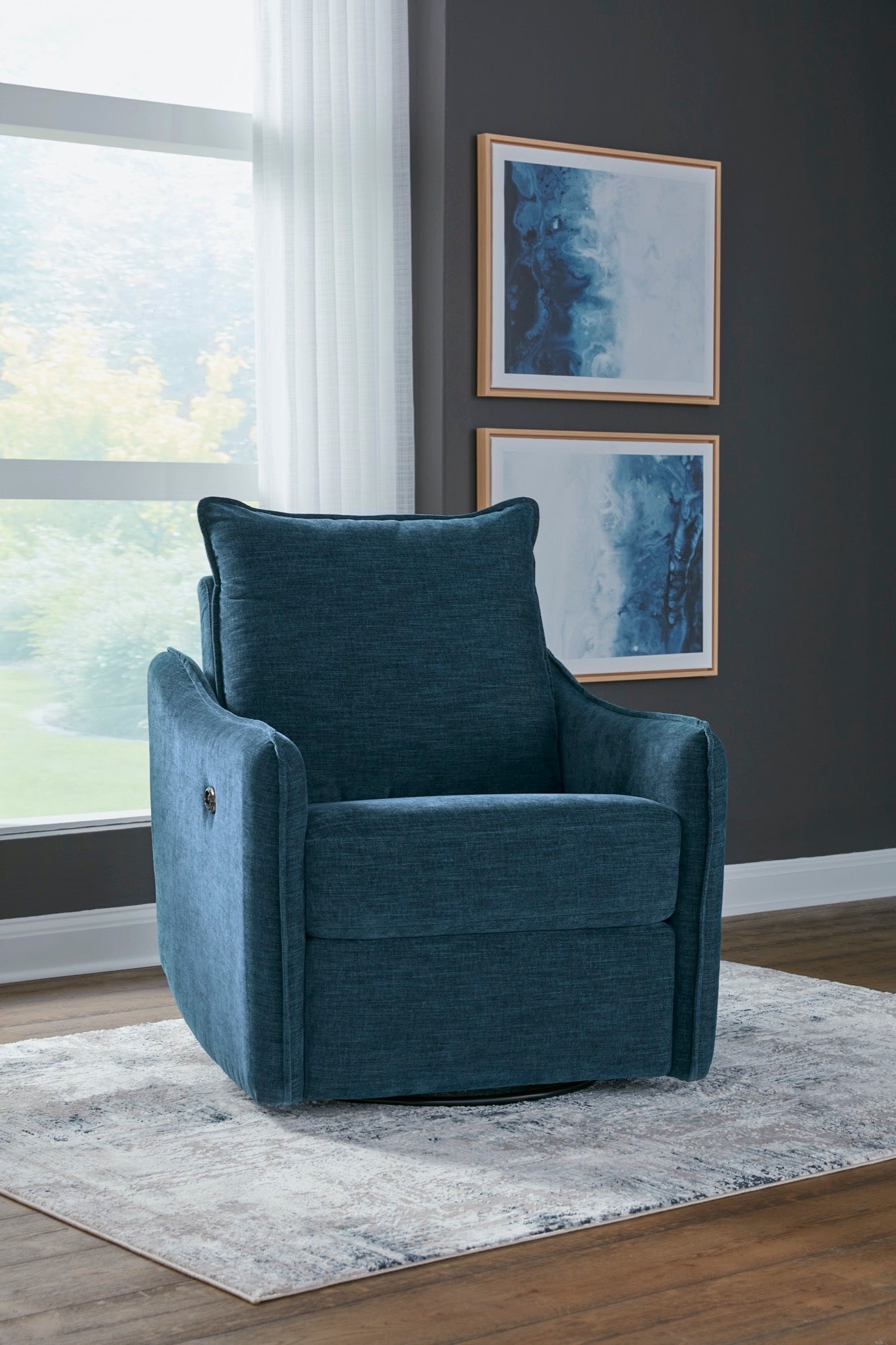 Navy Swivel Power Recliner - Adams Furniture