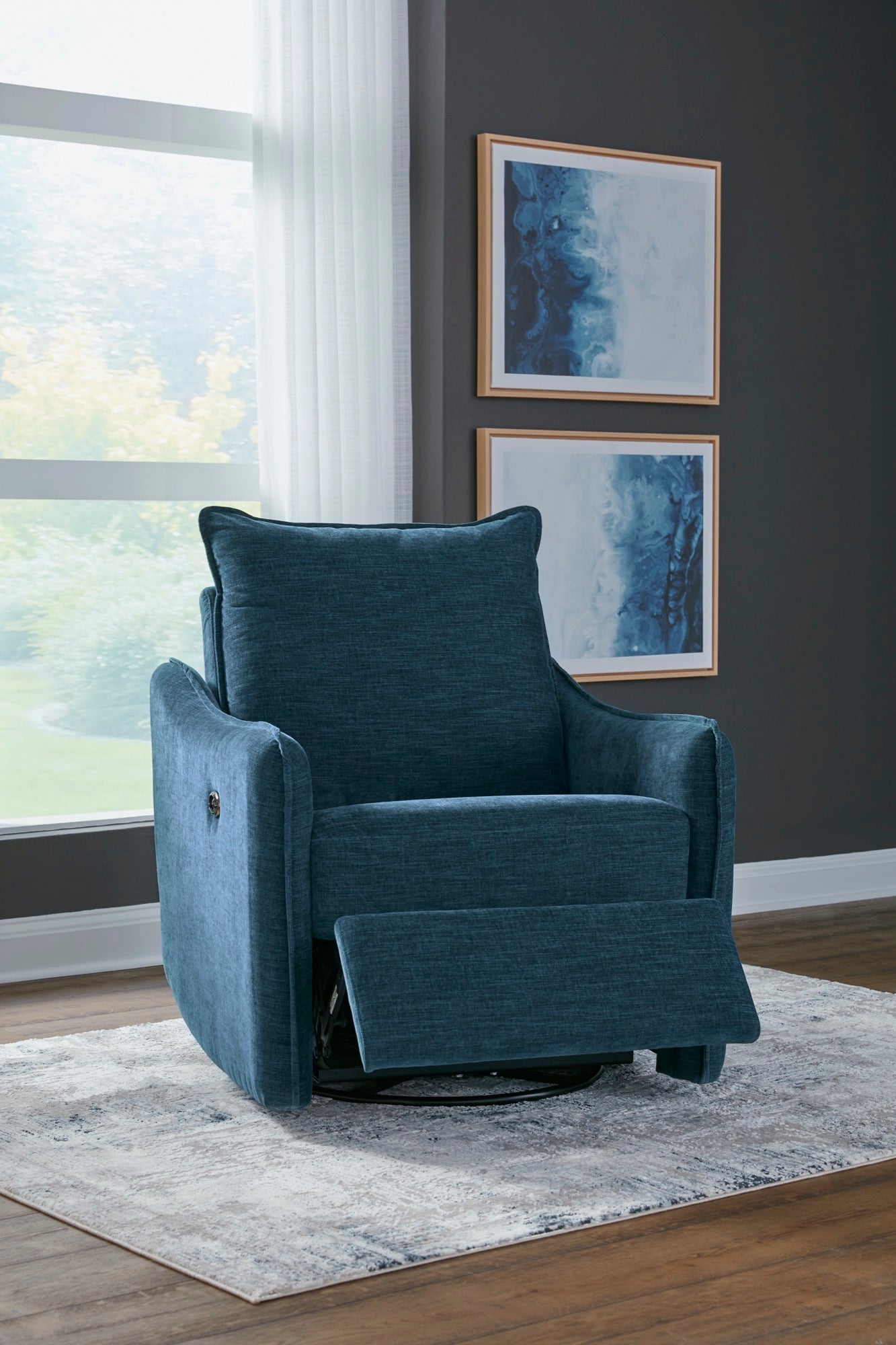 Navy Swivel Power Recliner - Adams Furniture