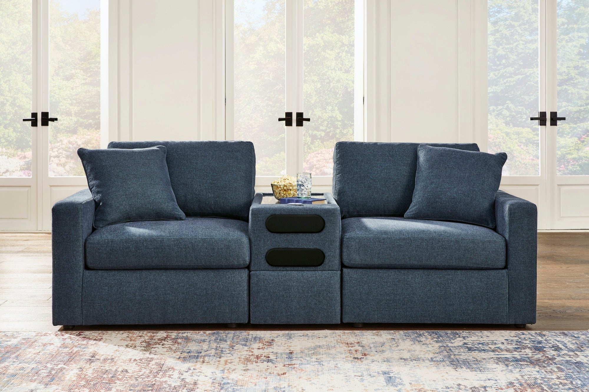Kennedy Blue 3-Piece Modular Loveseat with Audio Console - Adams Furniture