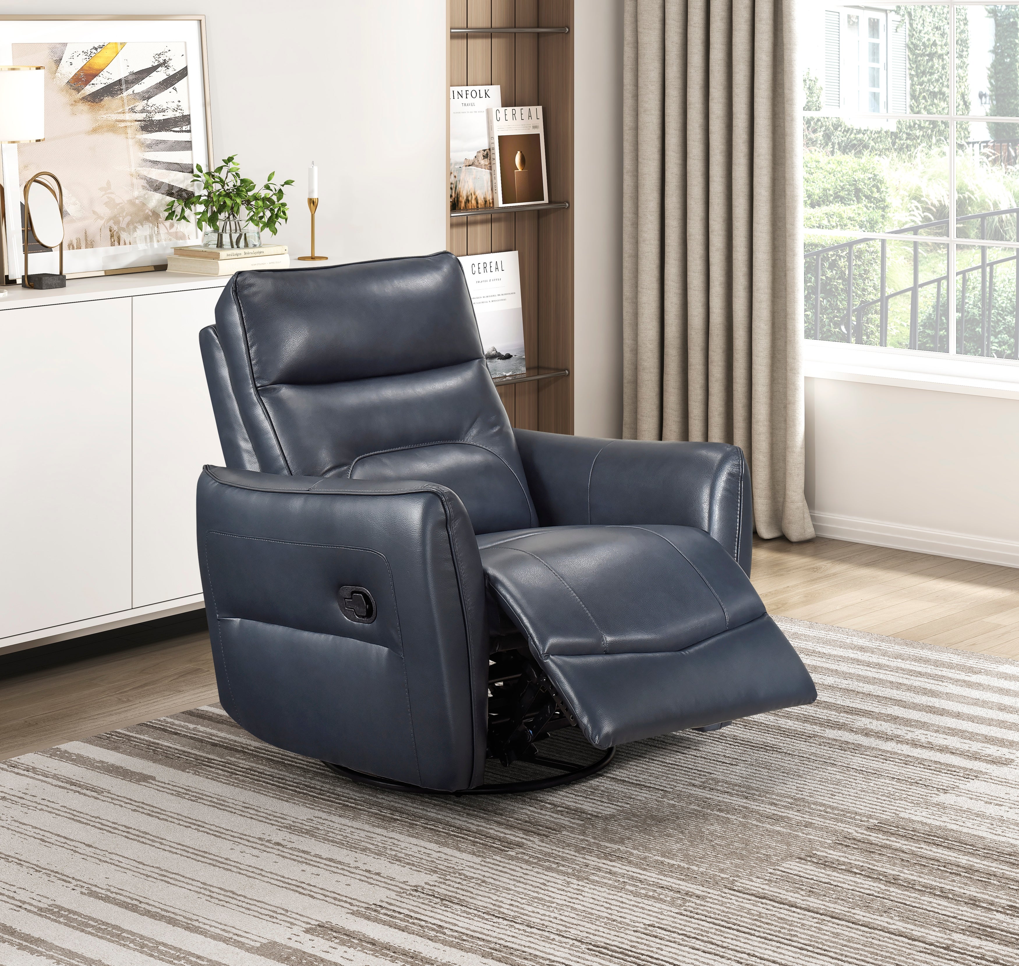 Navy Leather Swivel Glider Recliner