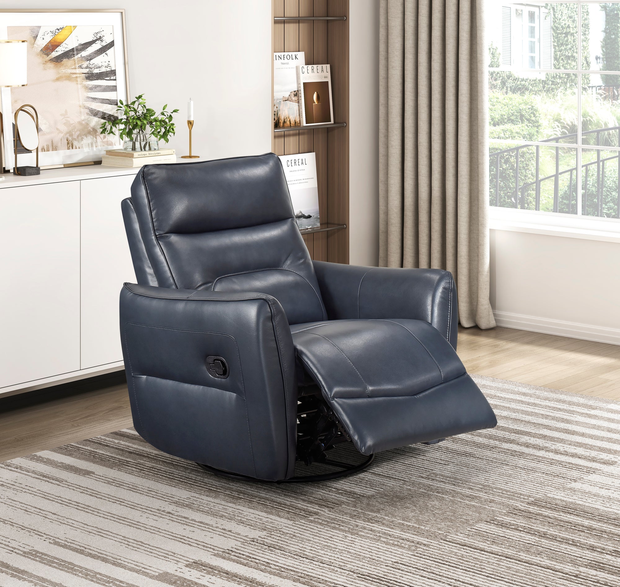 Navy Leather Swivel Glider Recliner - Adams Furniture