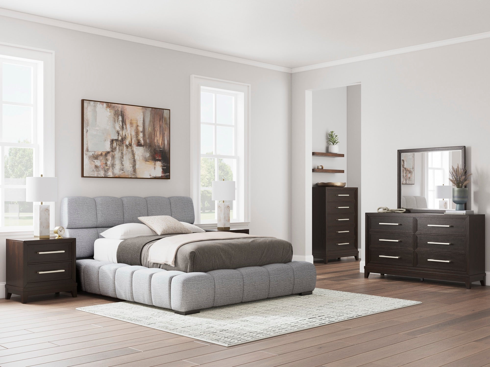 Light Grey Queen Upholstered Bed - Adams Furniture