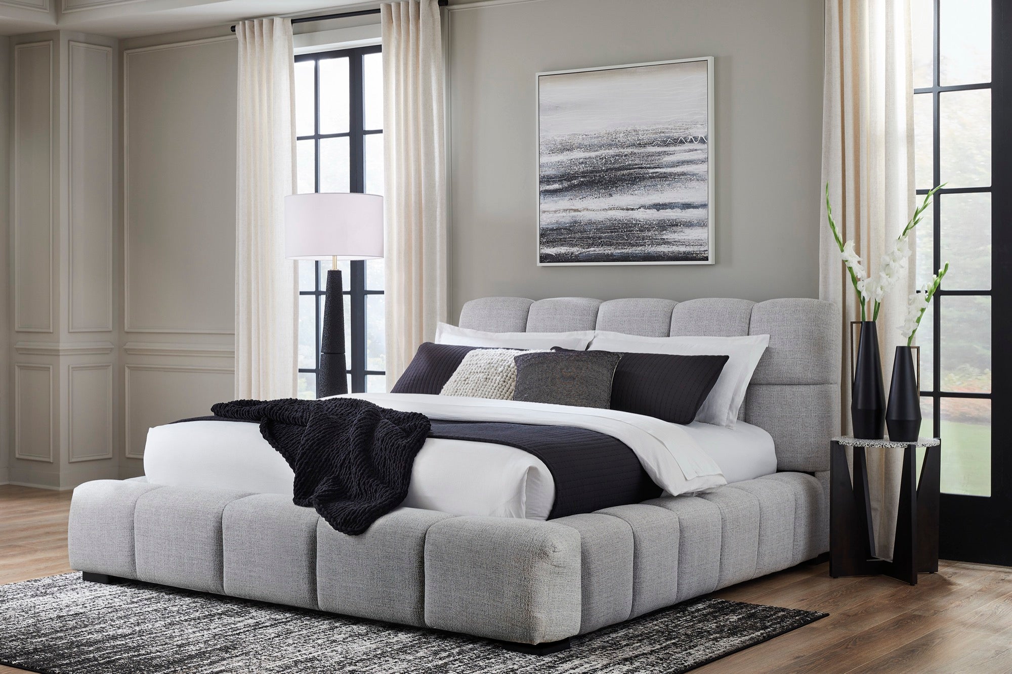 Light Grey Queen Upholstered Bed - Adams Furniture