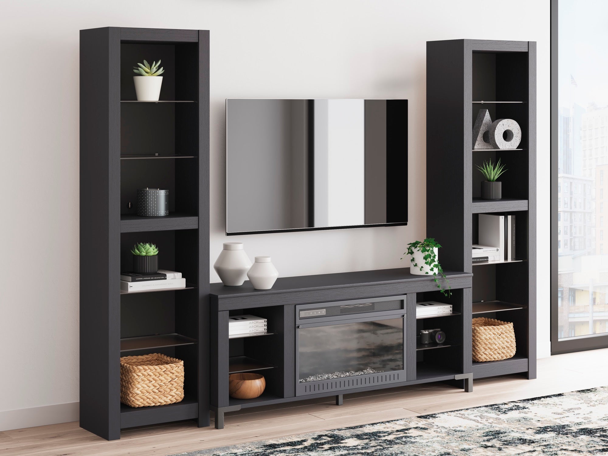 Black 3-Piece Entertainment Center with Electric Fireplace - Adams Furniture
