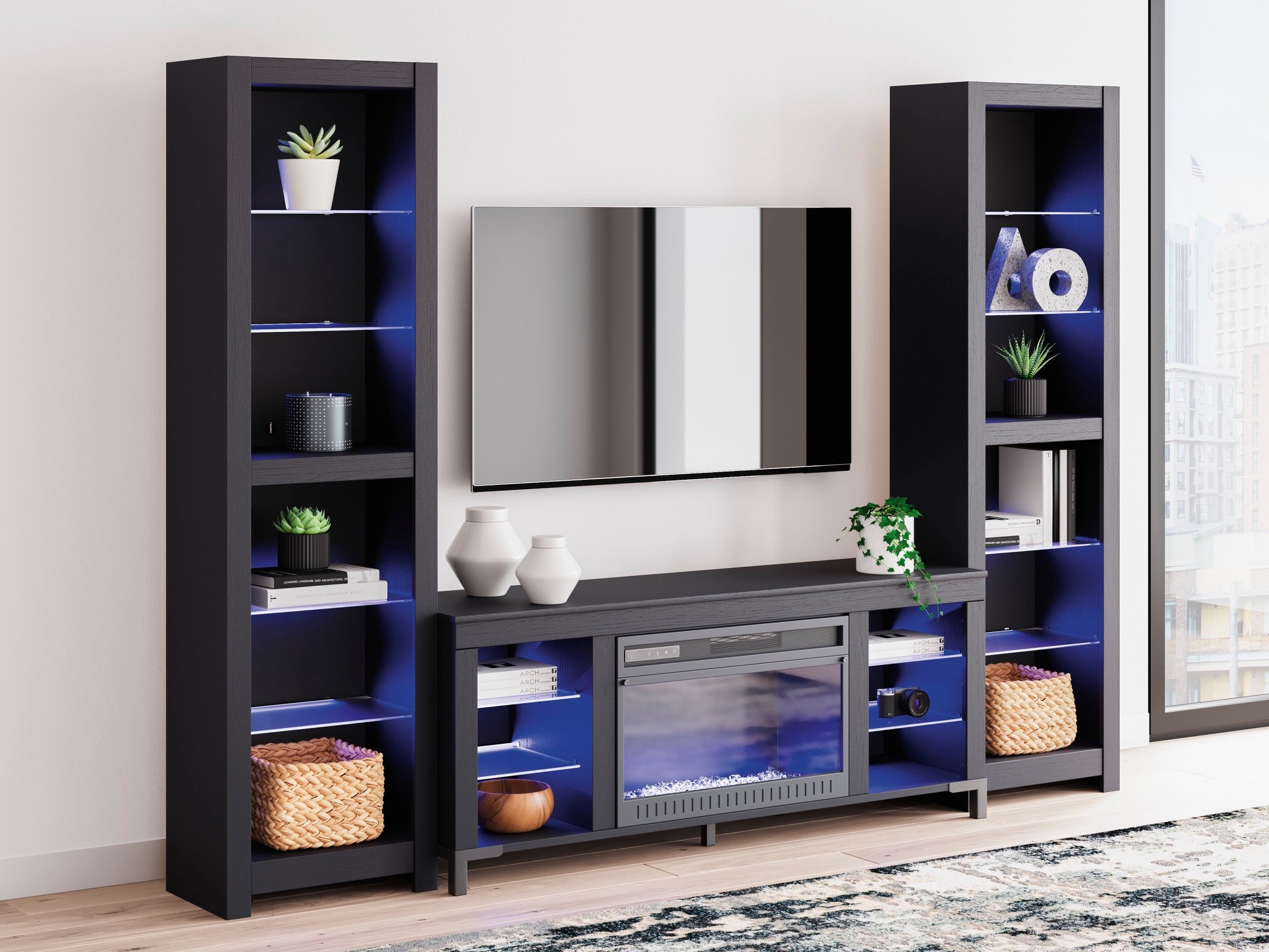 Black 3-Piece Entertainment Center with Electric Fireplace - Adams Furniture