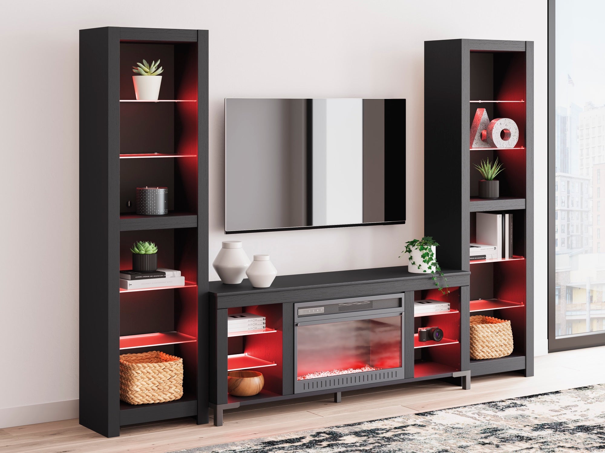 Black 3-Piece Entertainment Center with Electric Fireplace - Adams Furniture