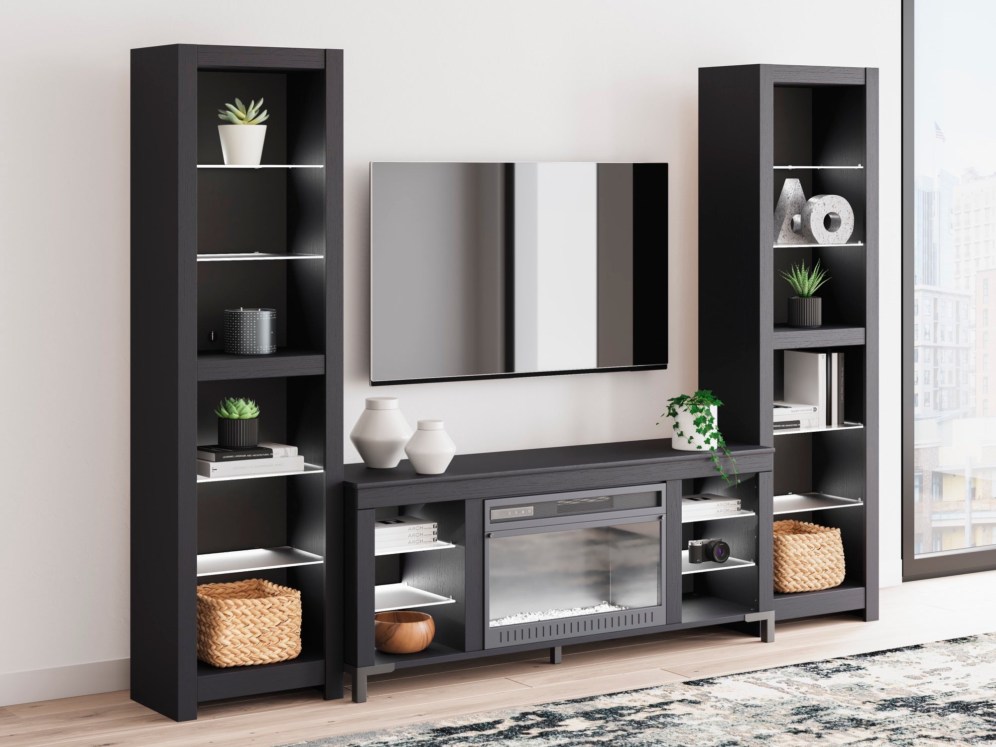 Black 3-Piece Entertainment Center with Electric Fireplace - Adams Furniture