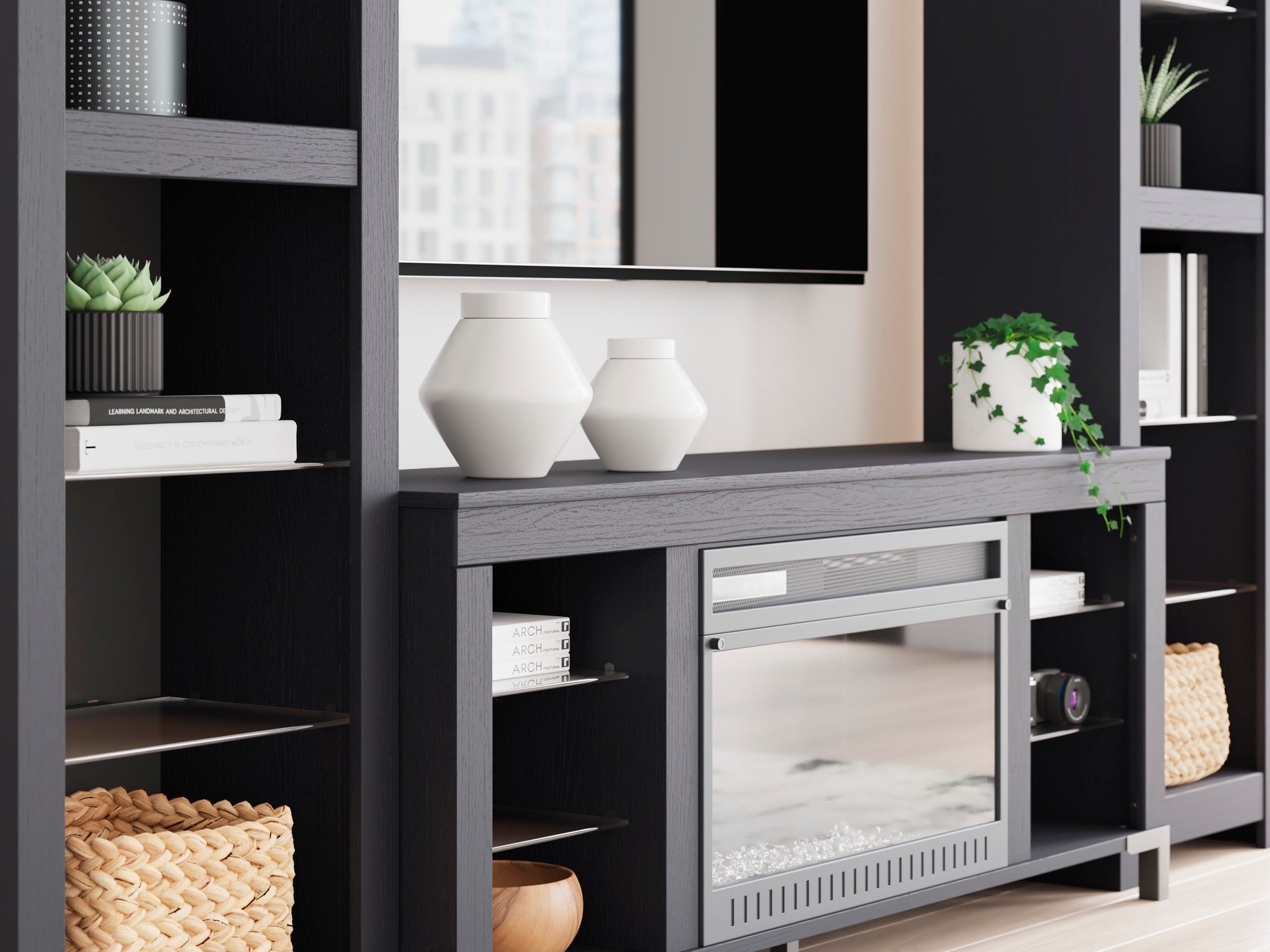 Black 3-Piece Entertainment Center with Electric Fireplace - Adams Furniture