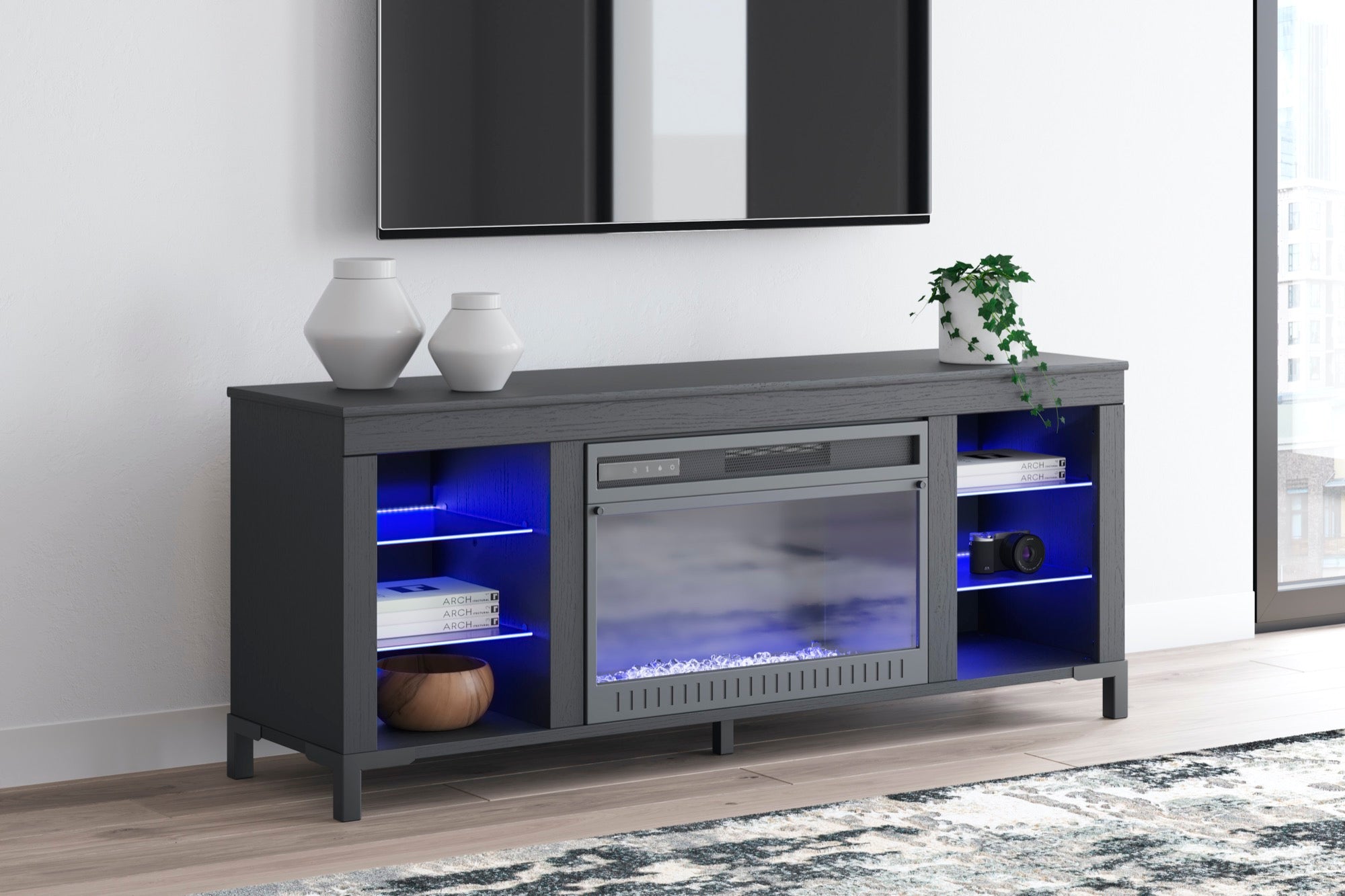 Black TV Stand with Fireplace - Adams Furniture