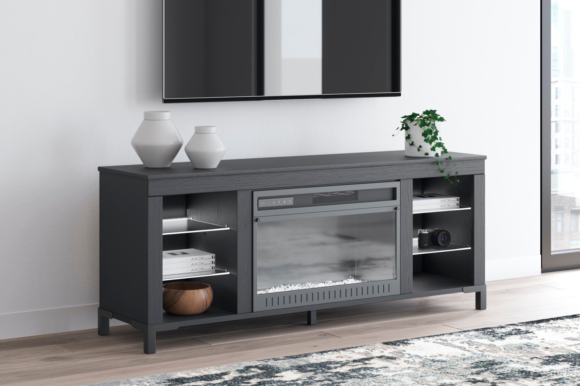 Black TV Stand with Fireplace - Adams Furniture