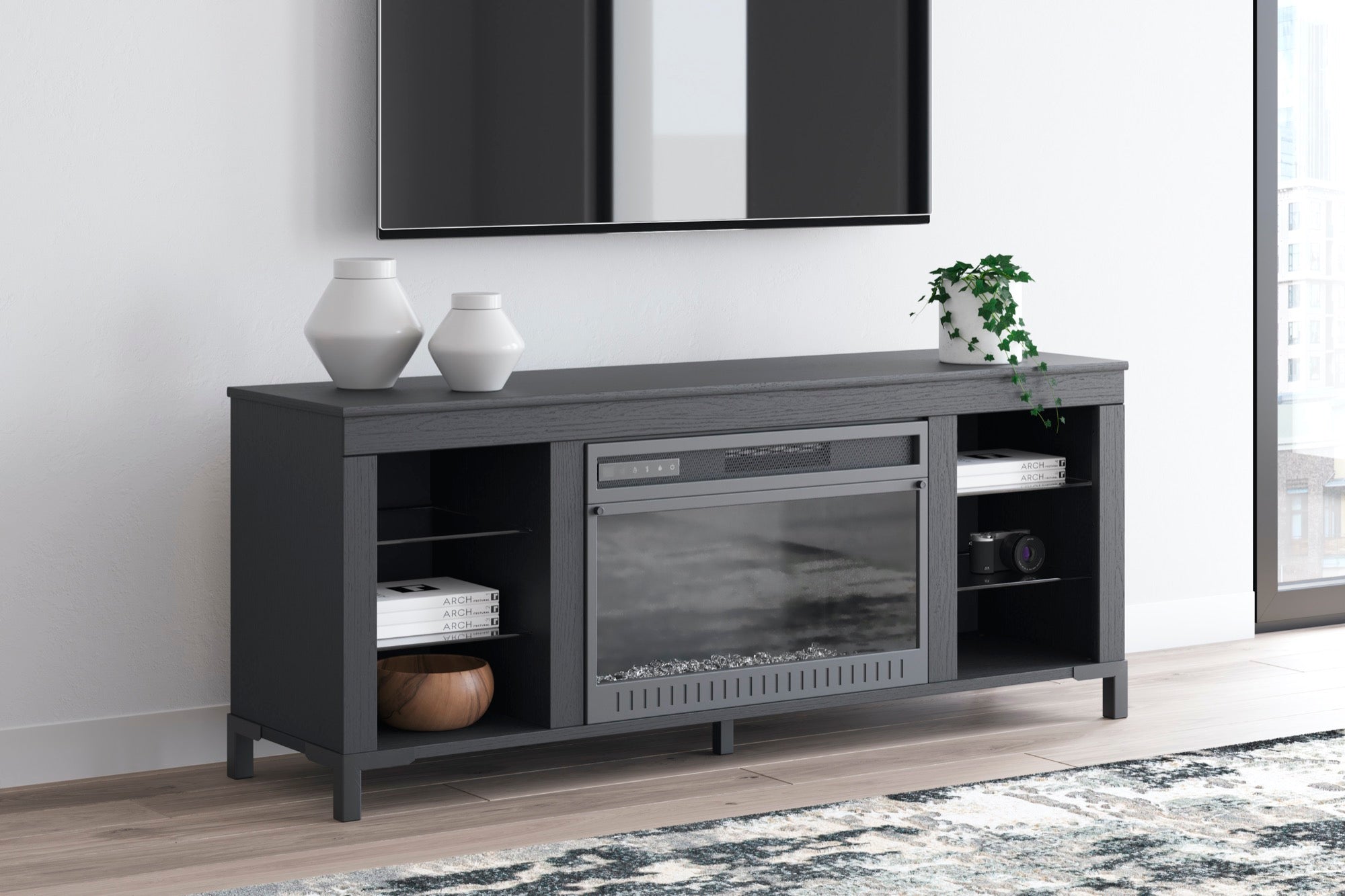 Black TV Stand with Fireplace - Adams Furniture