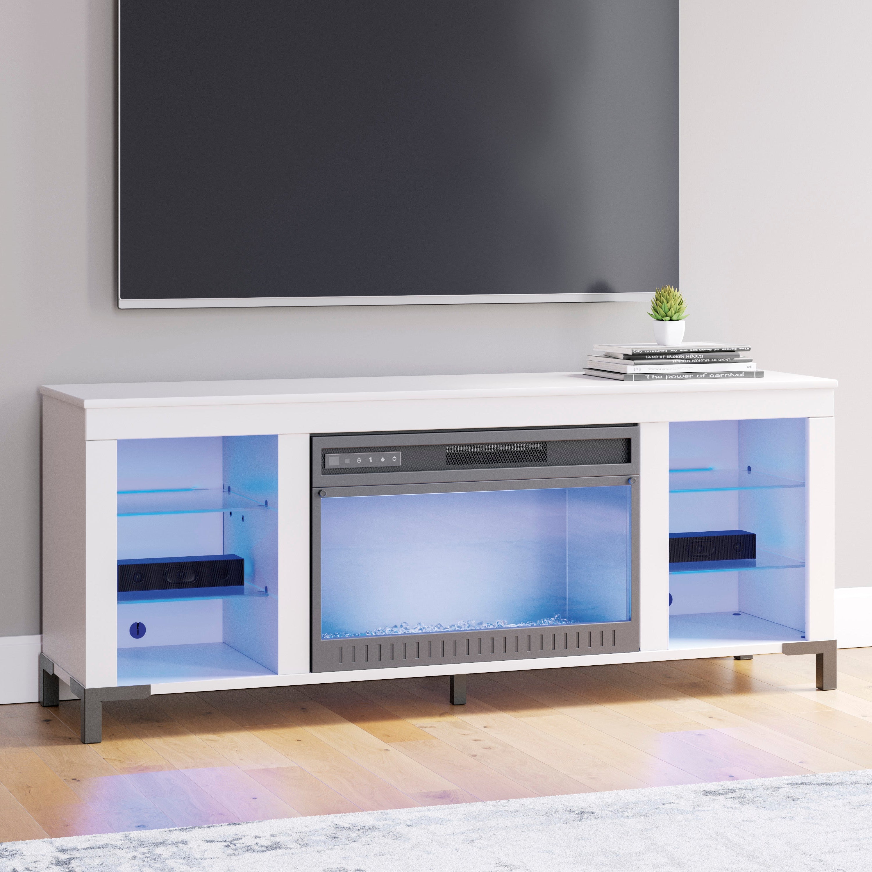 Matte White TV Stand with Fireplace