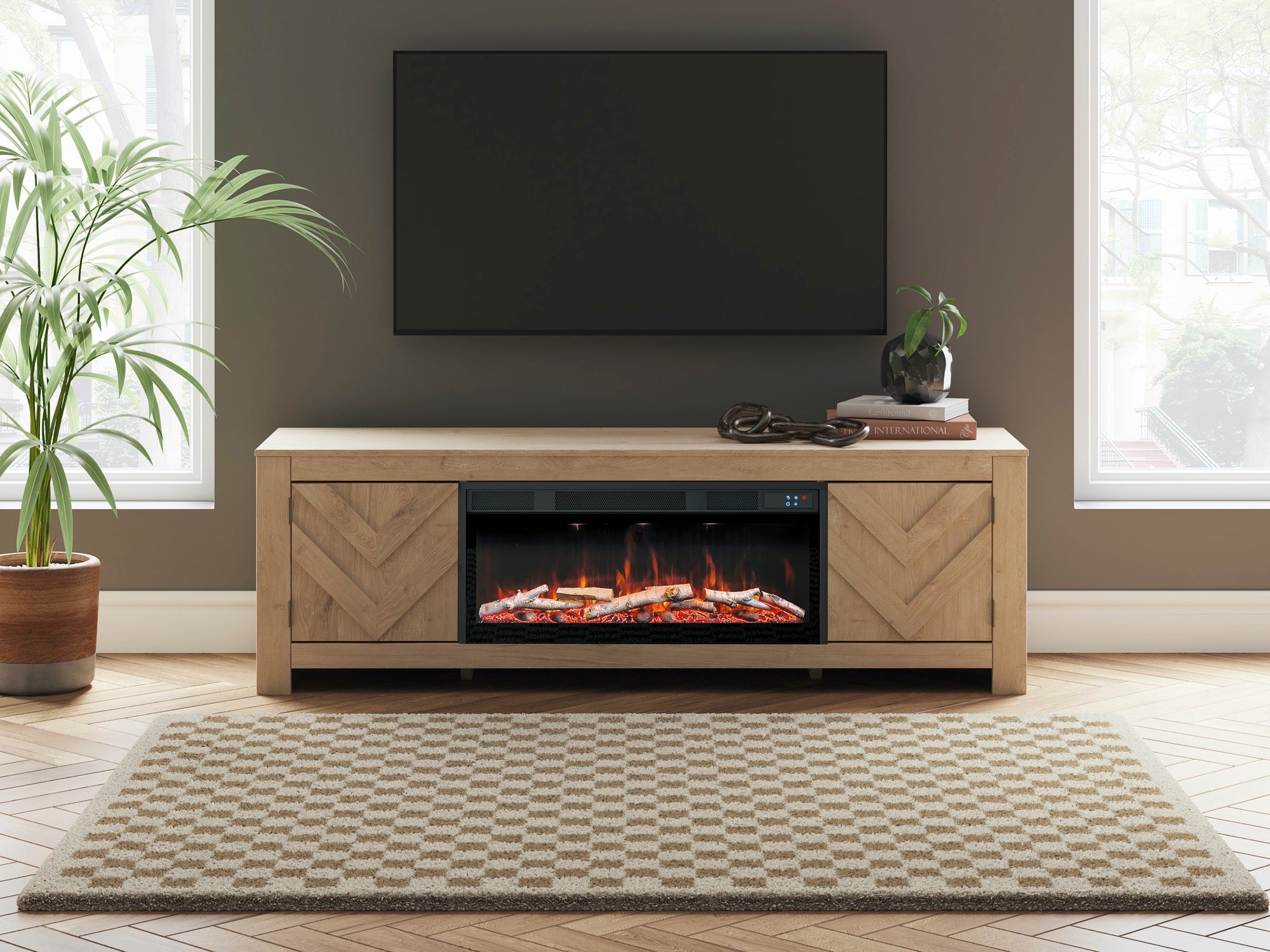 Large Tan TV Stand with Fireplace - Adams Furniture