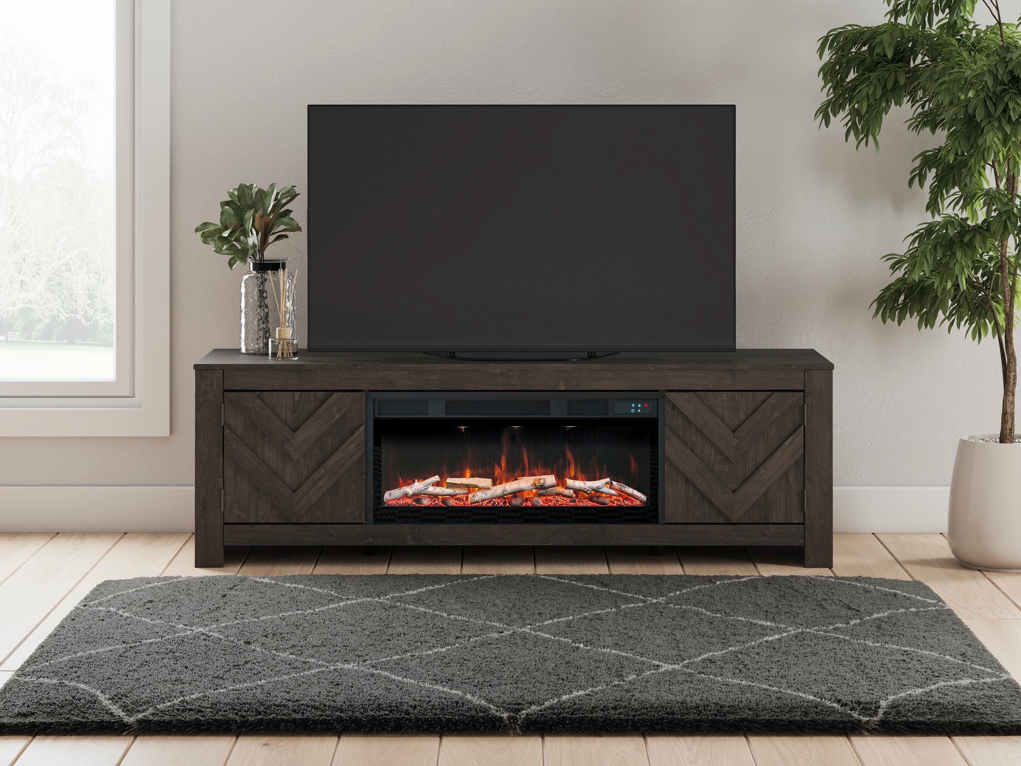 Large Black TV Stand with Fireplace - Adams Furniture