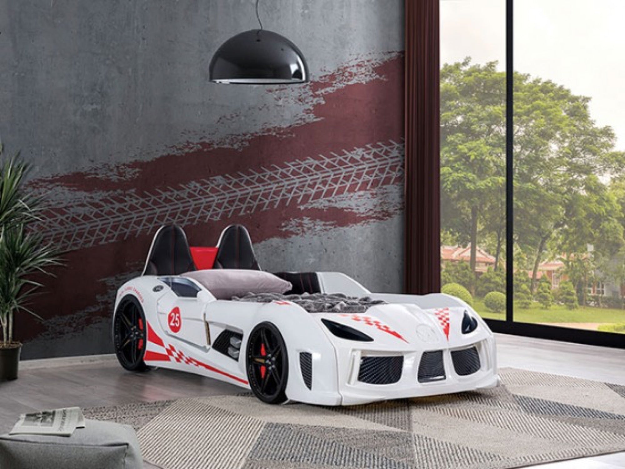 Trackster Kid's White Race Car Bed with LED Lights - Adams Furniture
