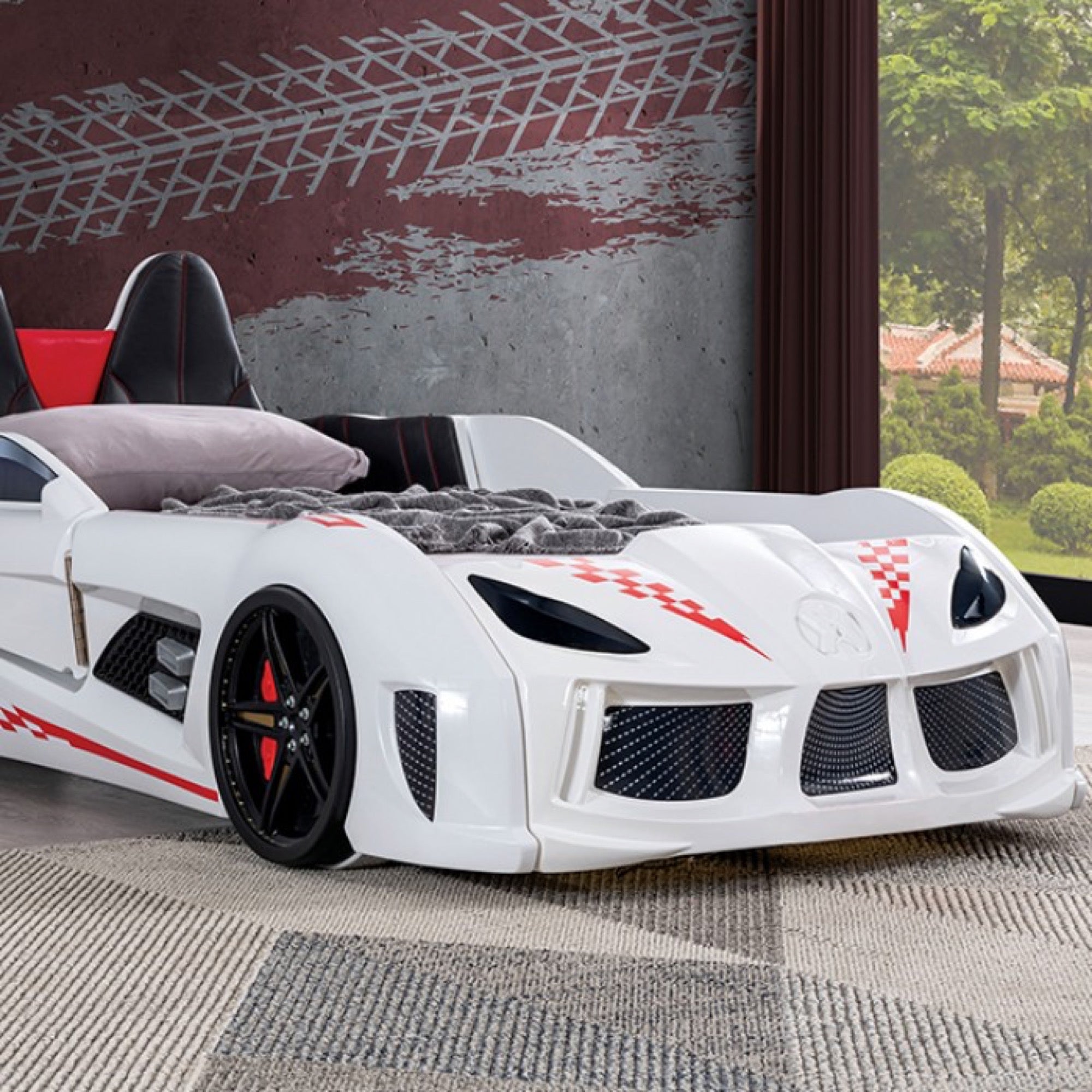 Trackster Kid's White Race Car Bed with LED Lights - Adams Furniture