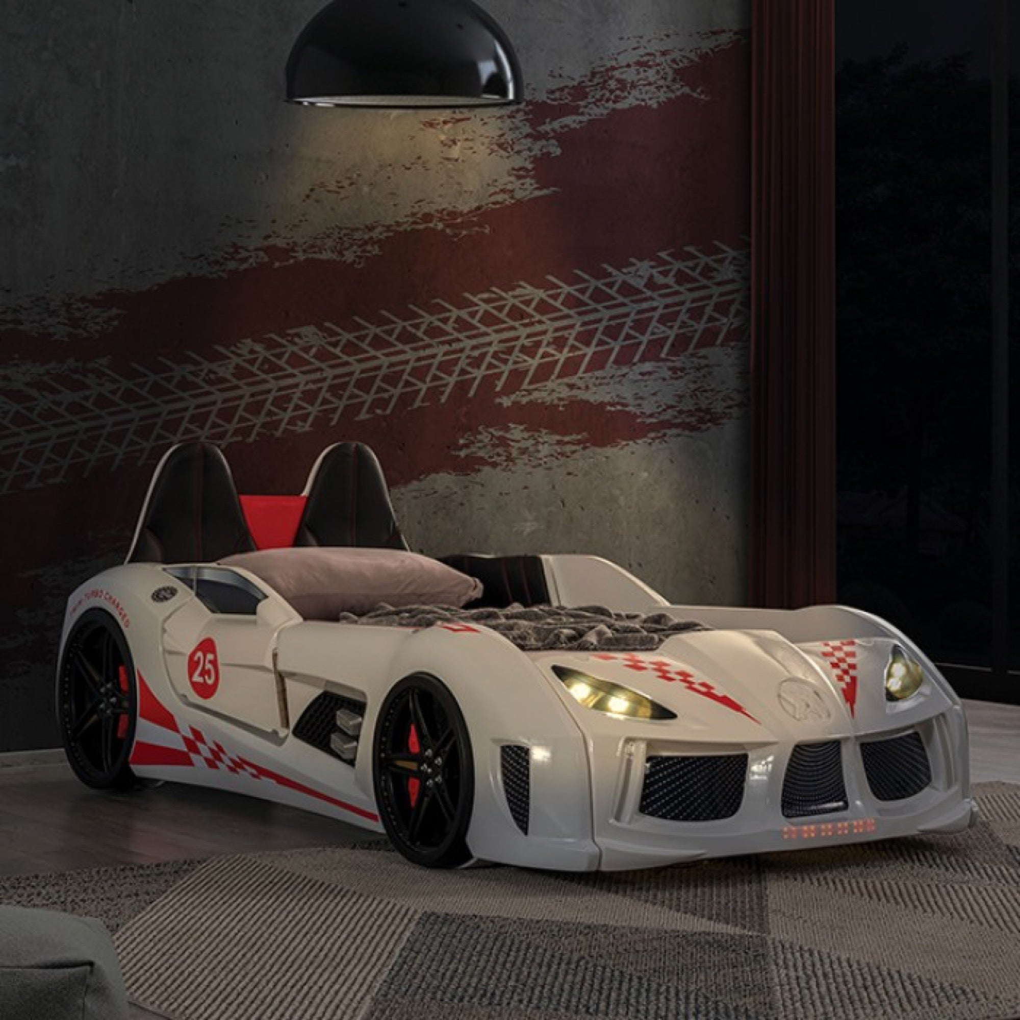 Trackster Kid's White Race Car Bed with LED Lights - Adams Furniture