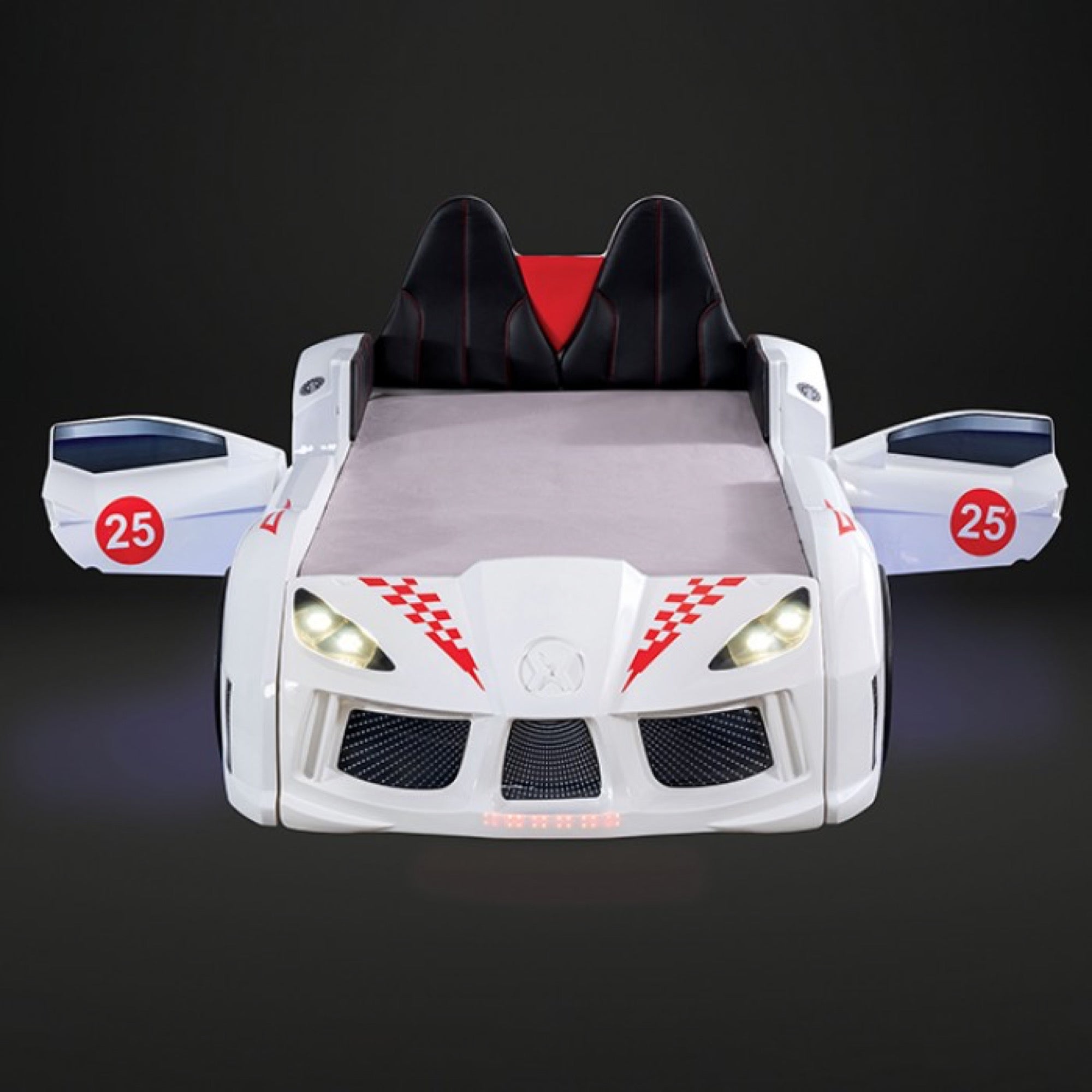 Trackster Kid's White Race Car Bed with LED Lights - Adams Furniture