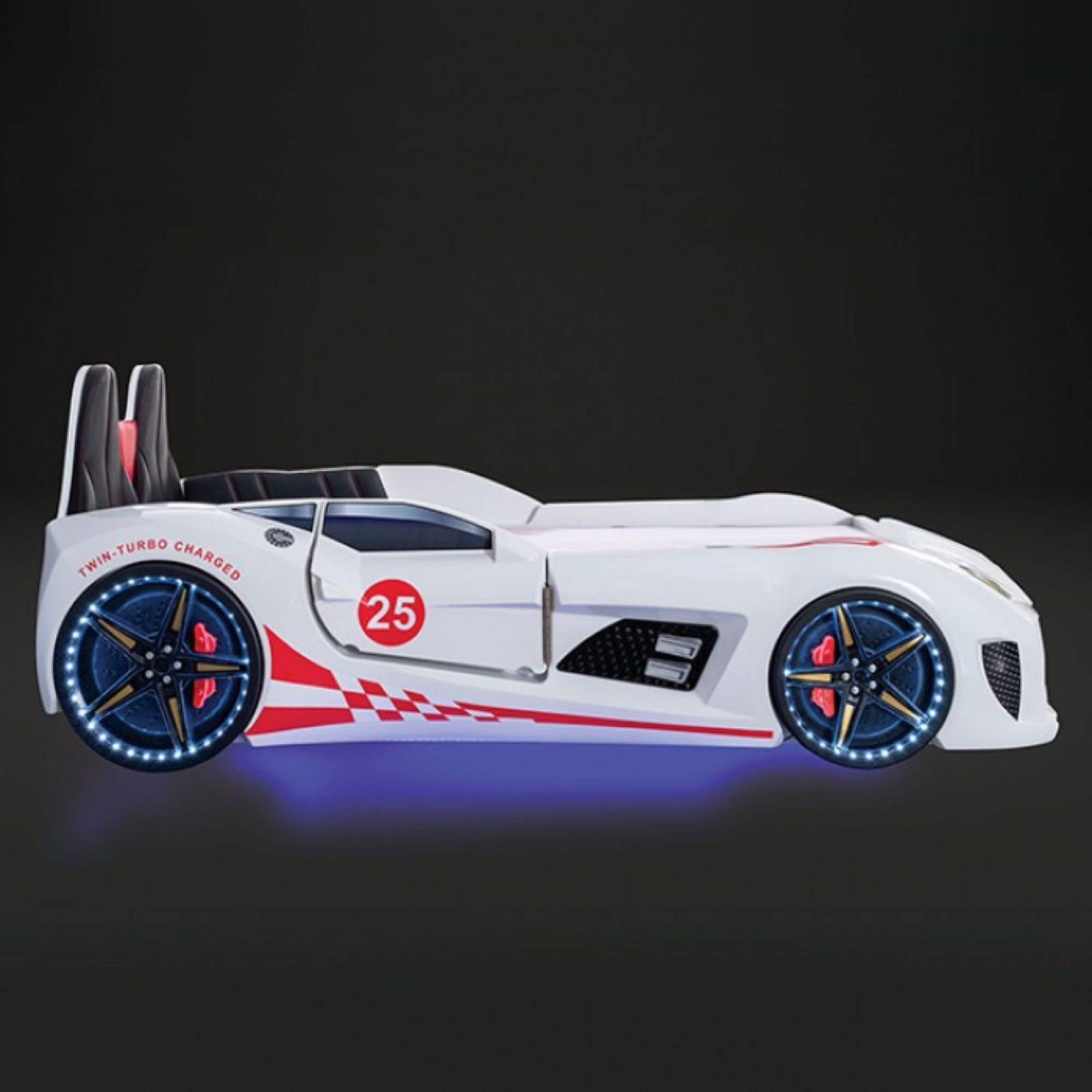 Trackster Kid's White Race Car Bed with LED Lights - Adams Furniture