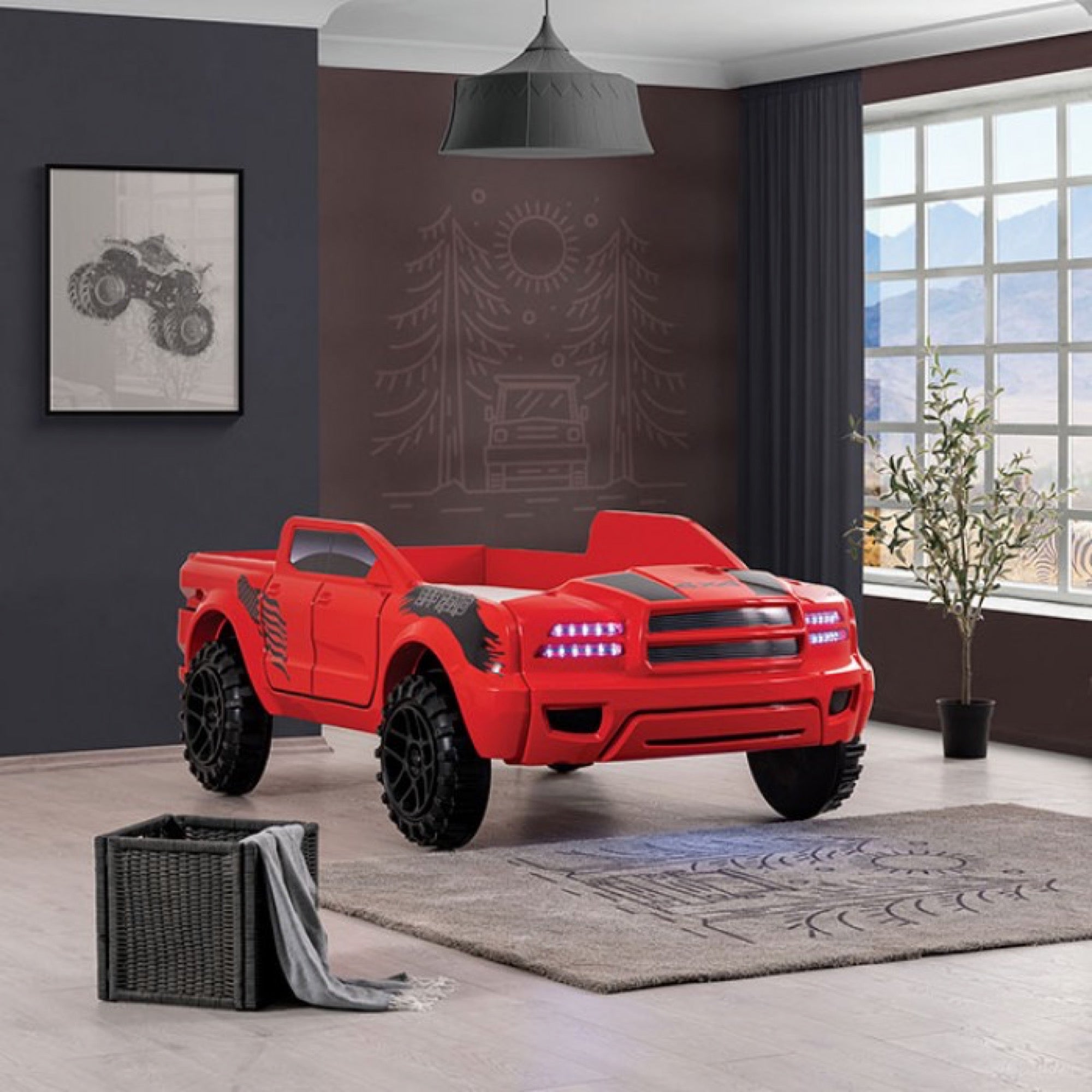 Roverton Kid's Red Pick Up Truck Bed with LED Lights - Adams Furniture