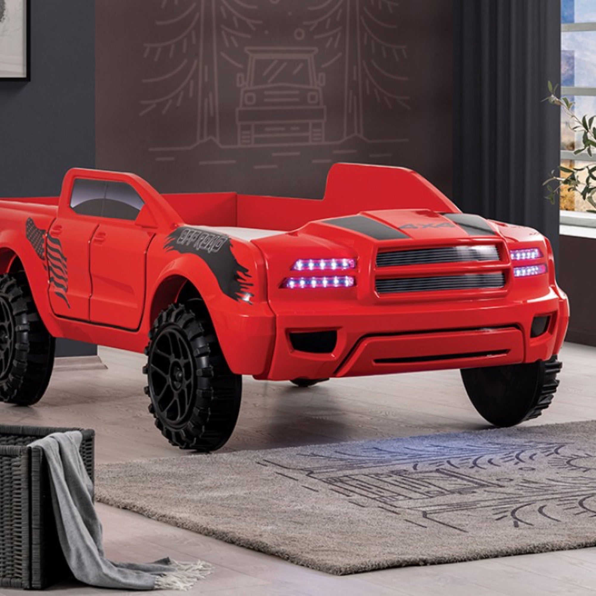 Roverton Kid's Red Pick Up Truck Bed with LED Lights - Adams Furniture