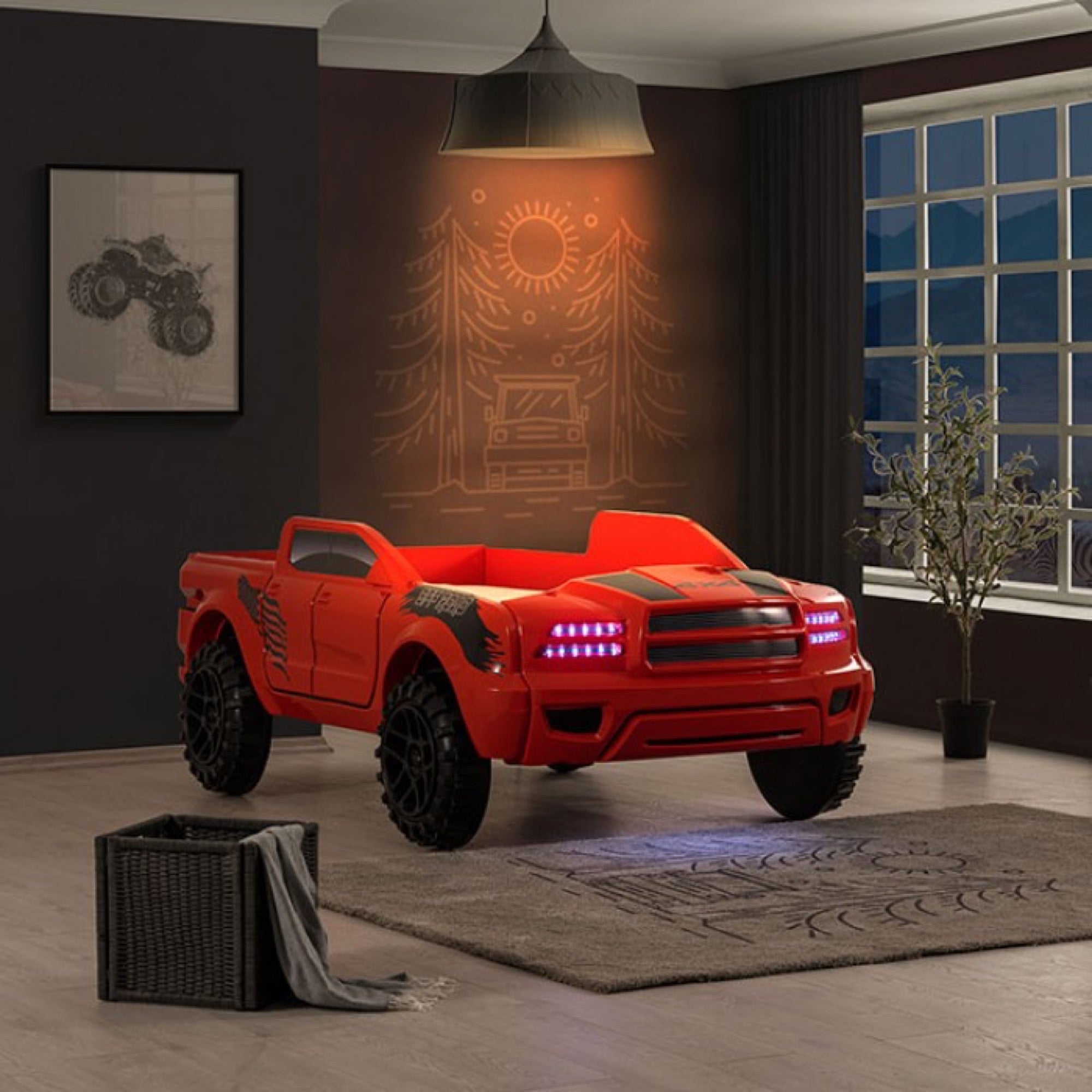 Roverton Kid's Red Pick Up Truck Bed with LED Lights