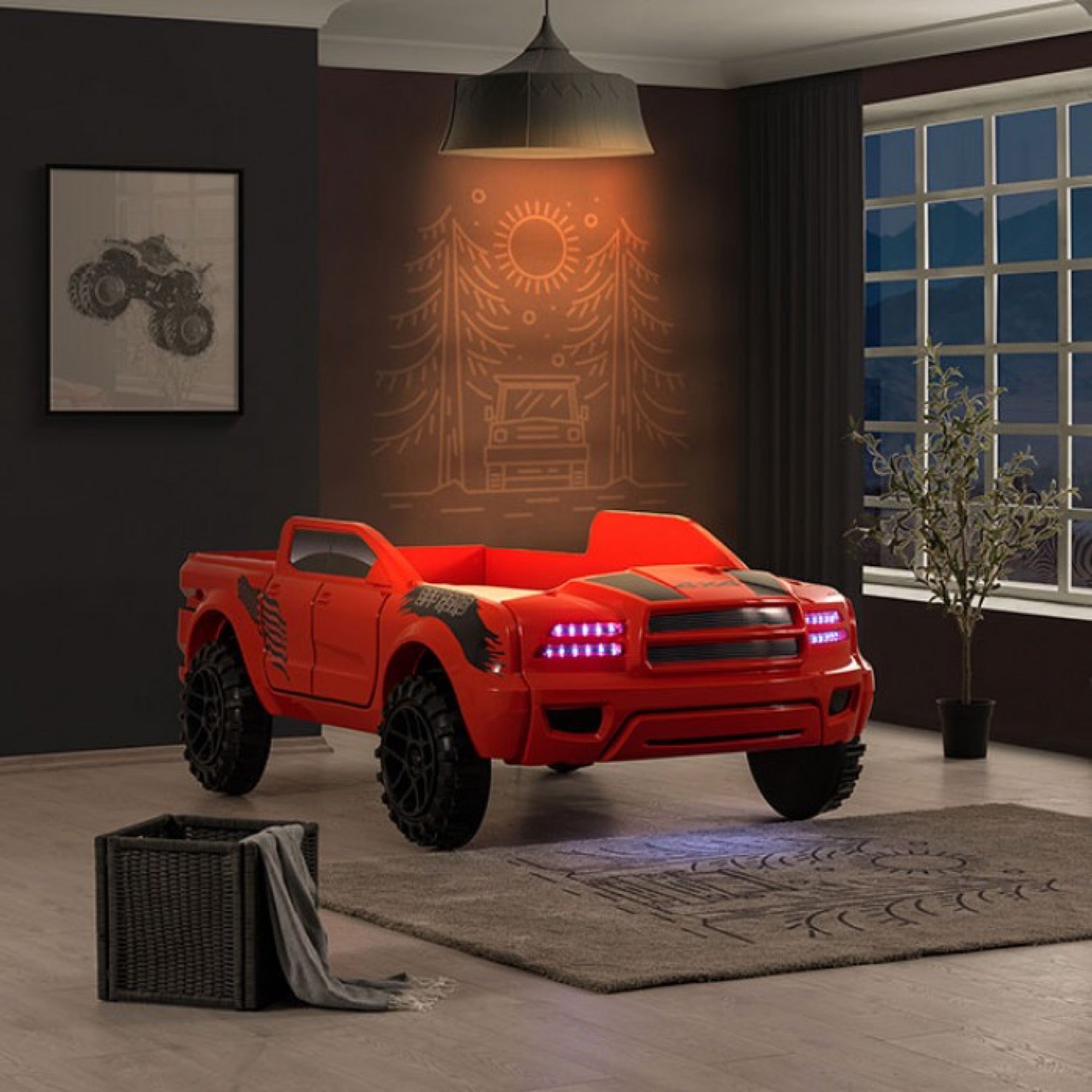 Roverton Kid's Red Pick Up Truck Bed with LED Lights - Adams Furniture