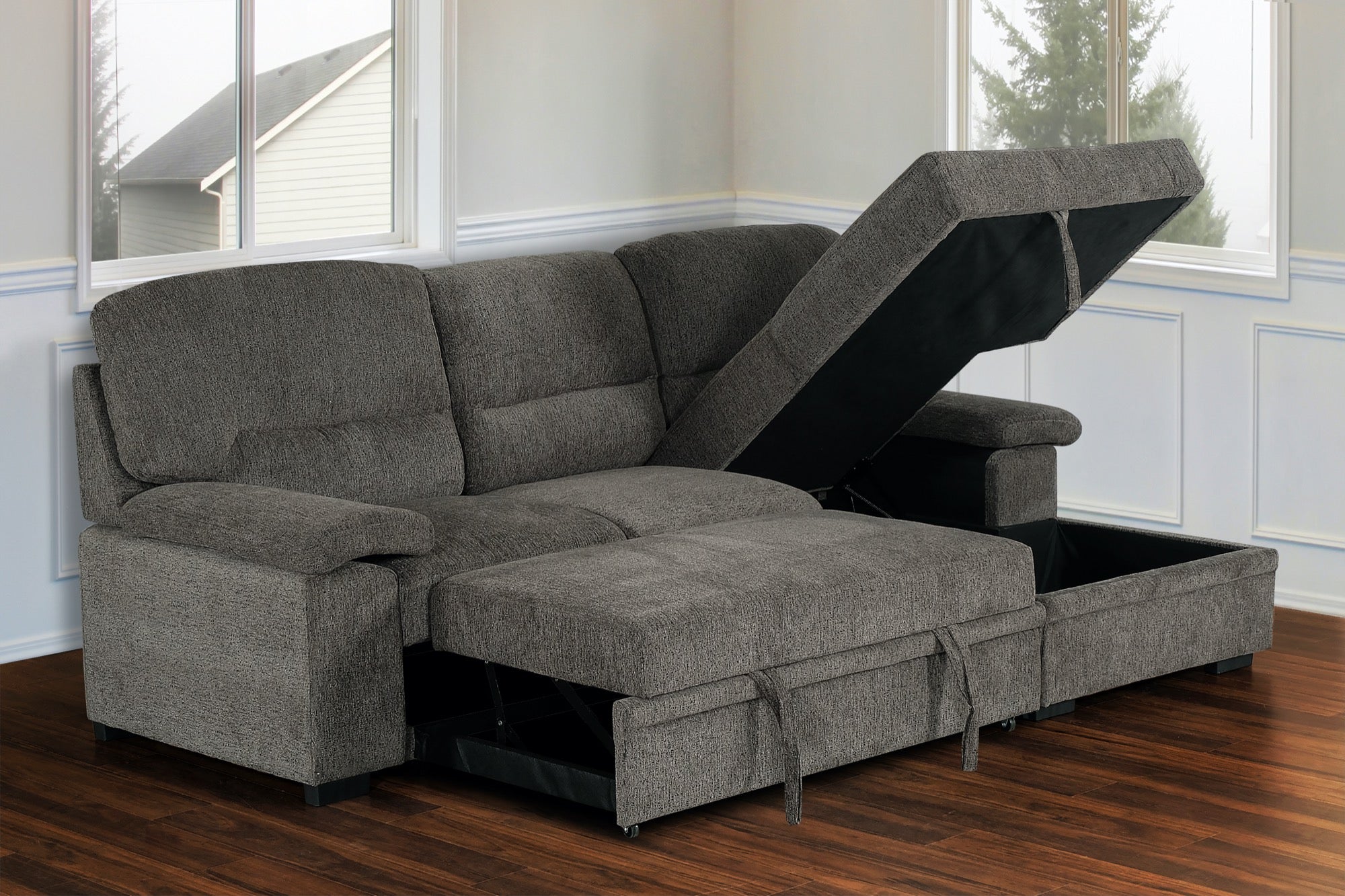 Tessaro Charcoal Sleeper Sectional w/ Popup Storage Chaise