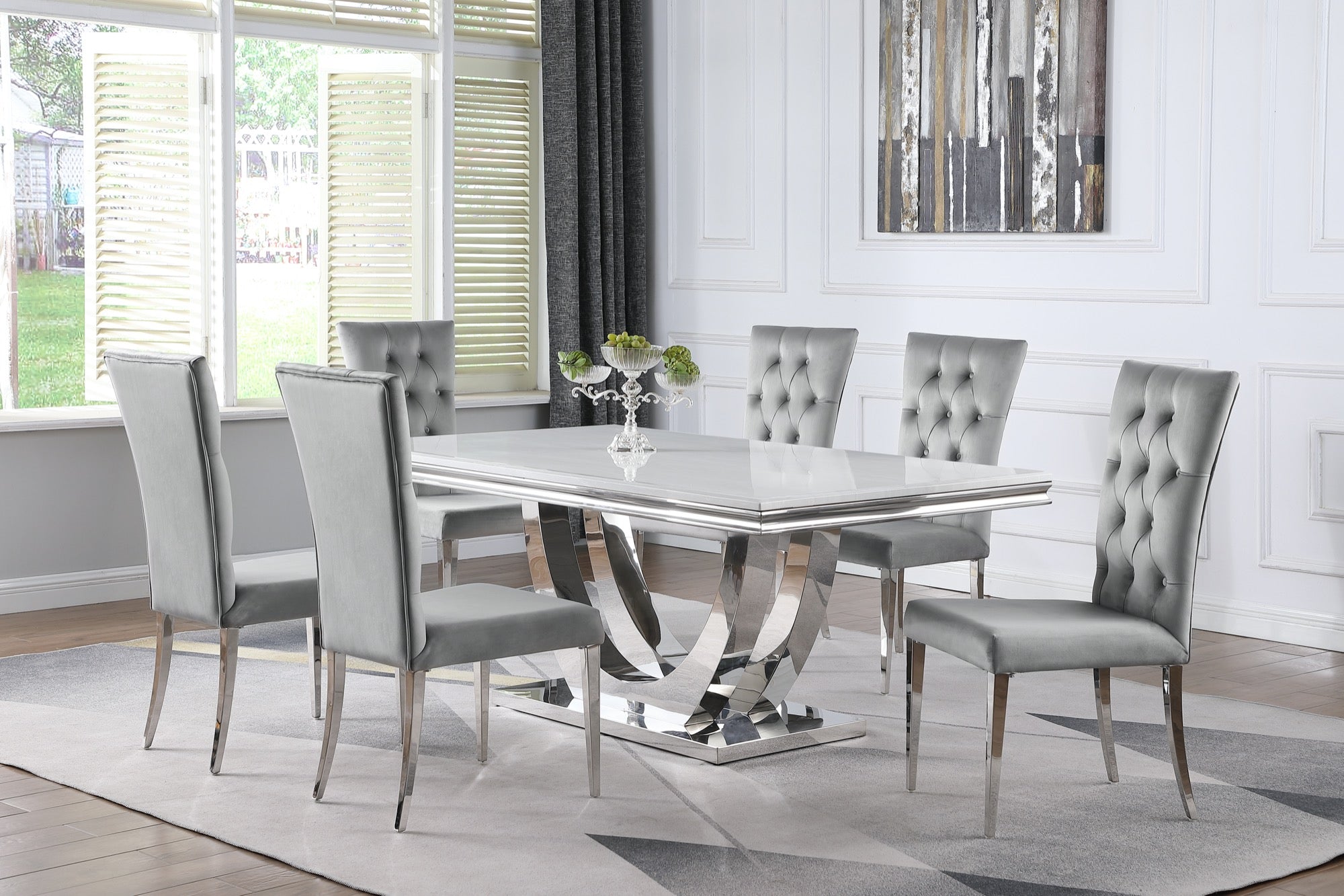 Kerwin 7-Piece Dining Room Set Grey And Chrome - Adams Furniture