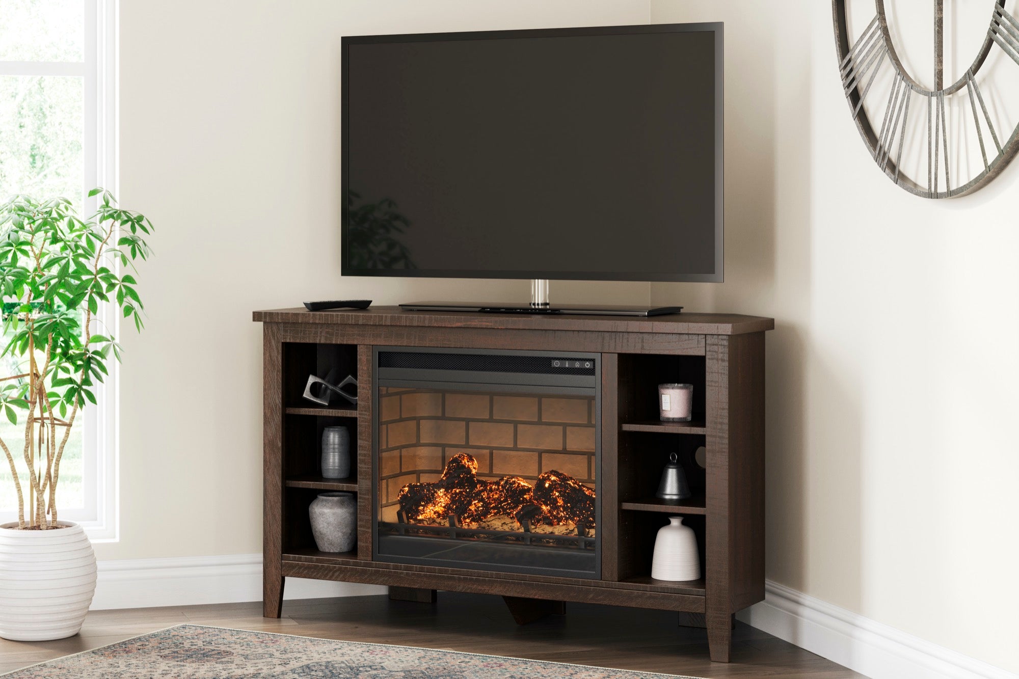 Camiburg Corner TV Stand with Electric Fireplace - Adams Furniture