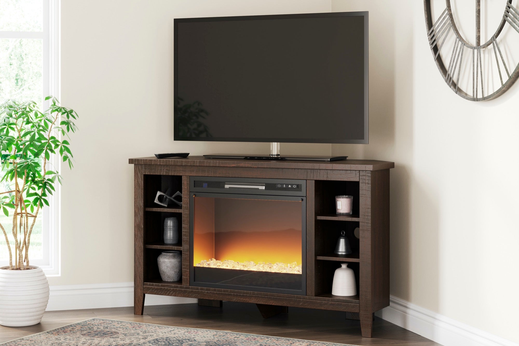 Camiburg Corner TV Stand with Electric Fireplace - Adams Furniture