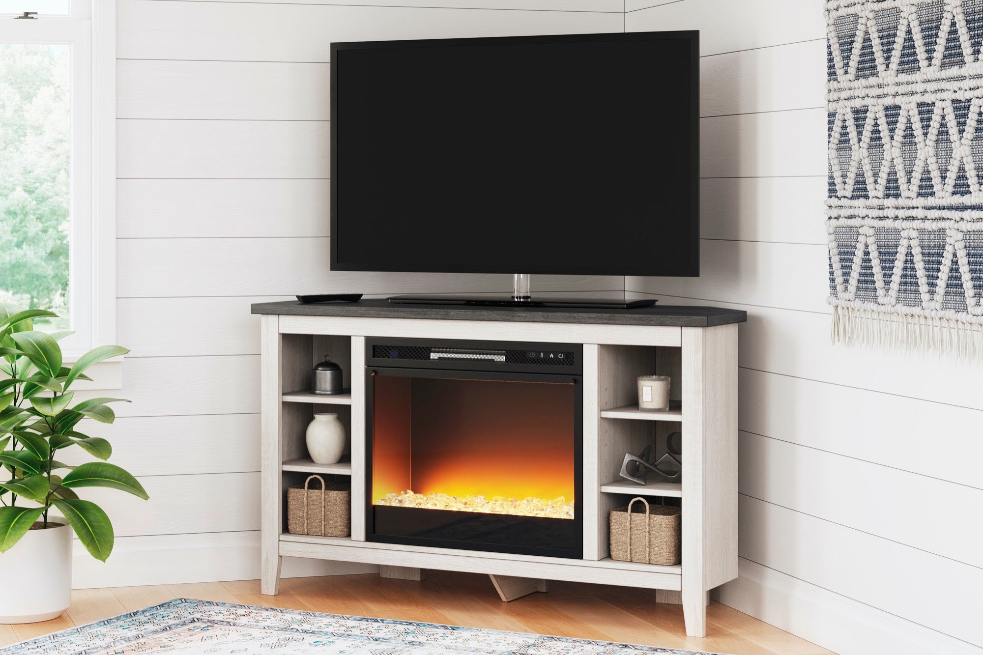 Dorrinson Corner TV Stand with Electric Fireplace - Adams Furniture