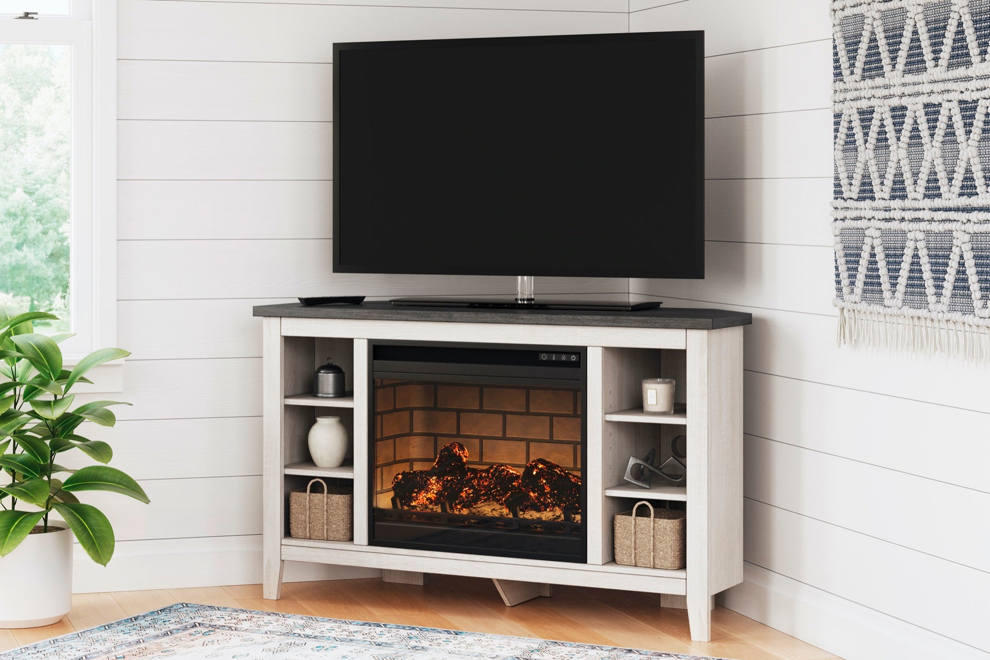 Dorrinson Corner TV Stand with Electric Fireplace - Adams Furniture