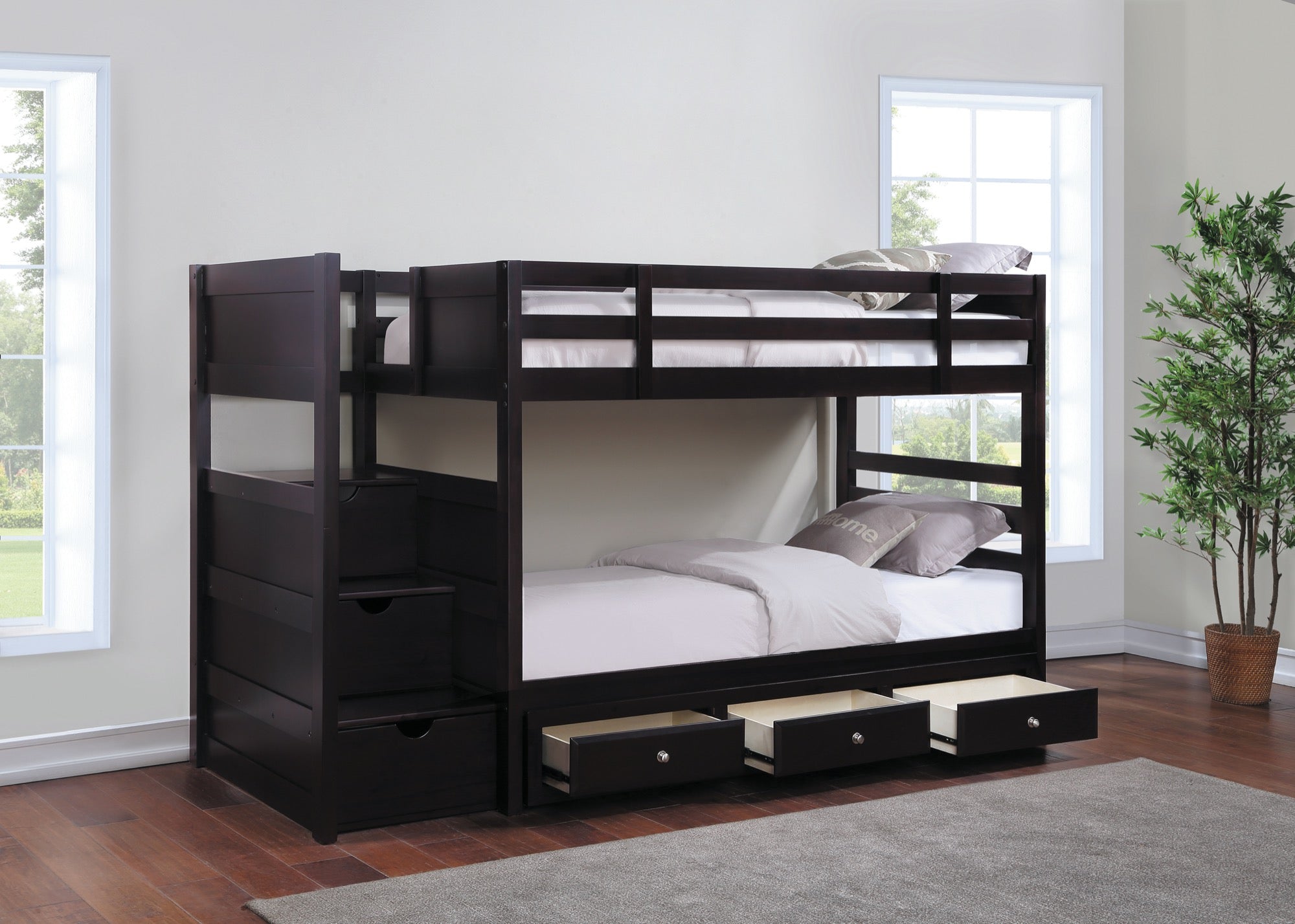 Elliott Twin Over Twin Stairway Bunk Bed with Under Bed Storage Cappuccino