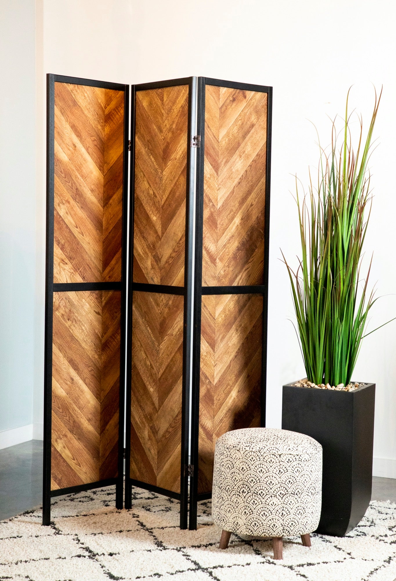 Marlene Herringbone Pattern 3-Panel Screen Rustic Tobacco and Black