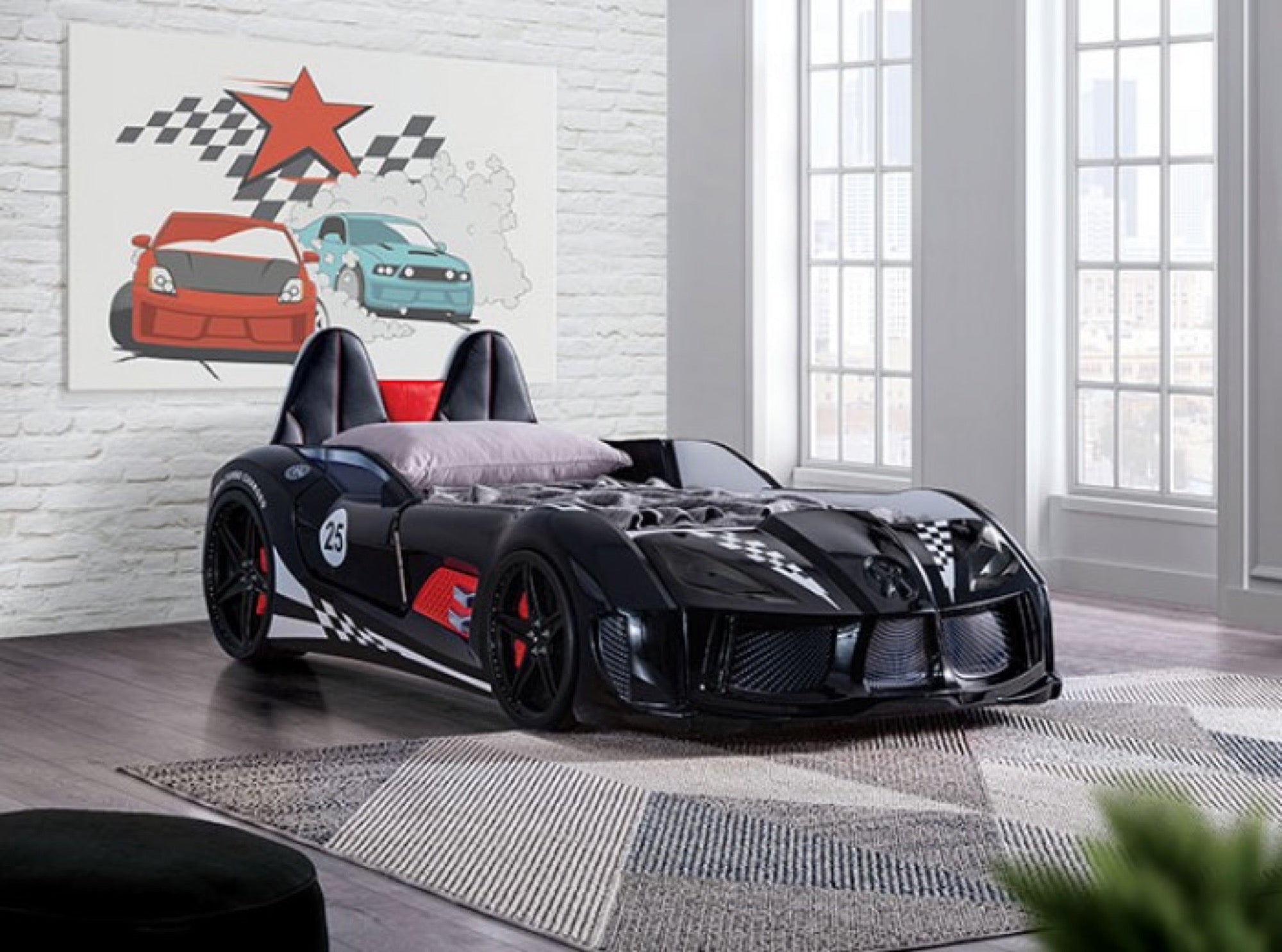 Trackster Kid's Race Car Bed with LED Lights - Adams Furniture